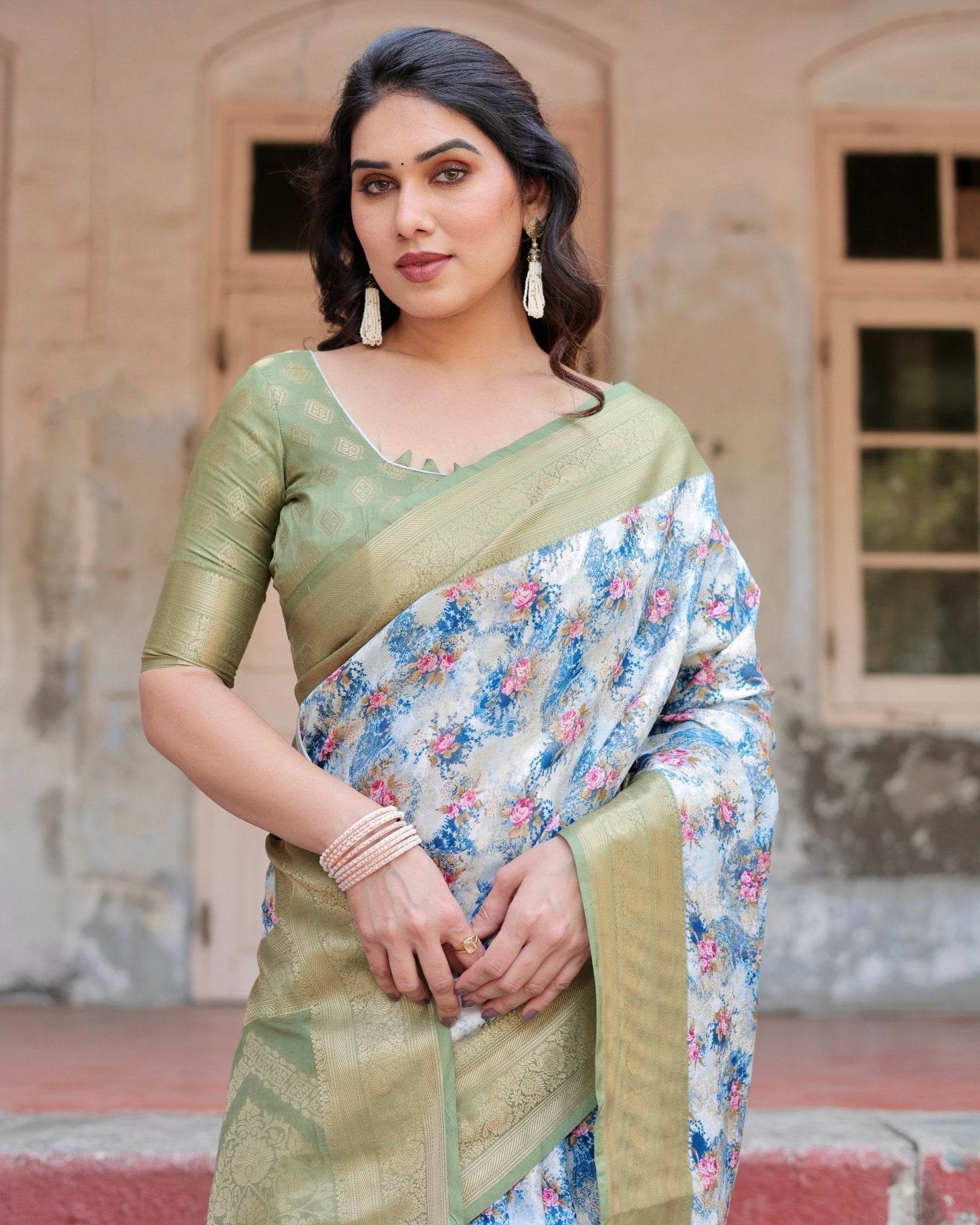 Blue and Green Floral Digital Print Banarasi Silk Saree with Zari Weave and Tassel-Embellished Pallu - SEEANS