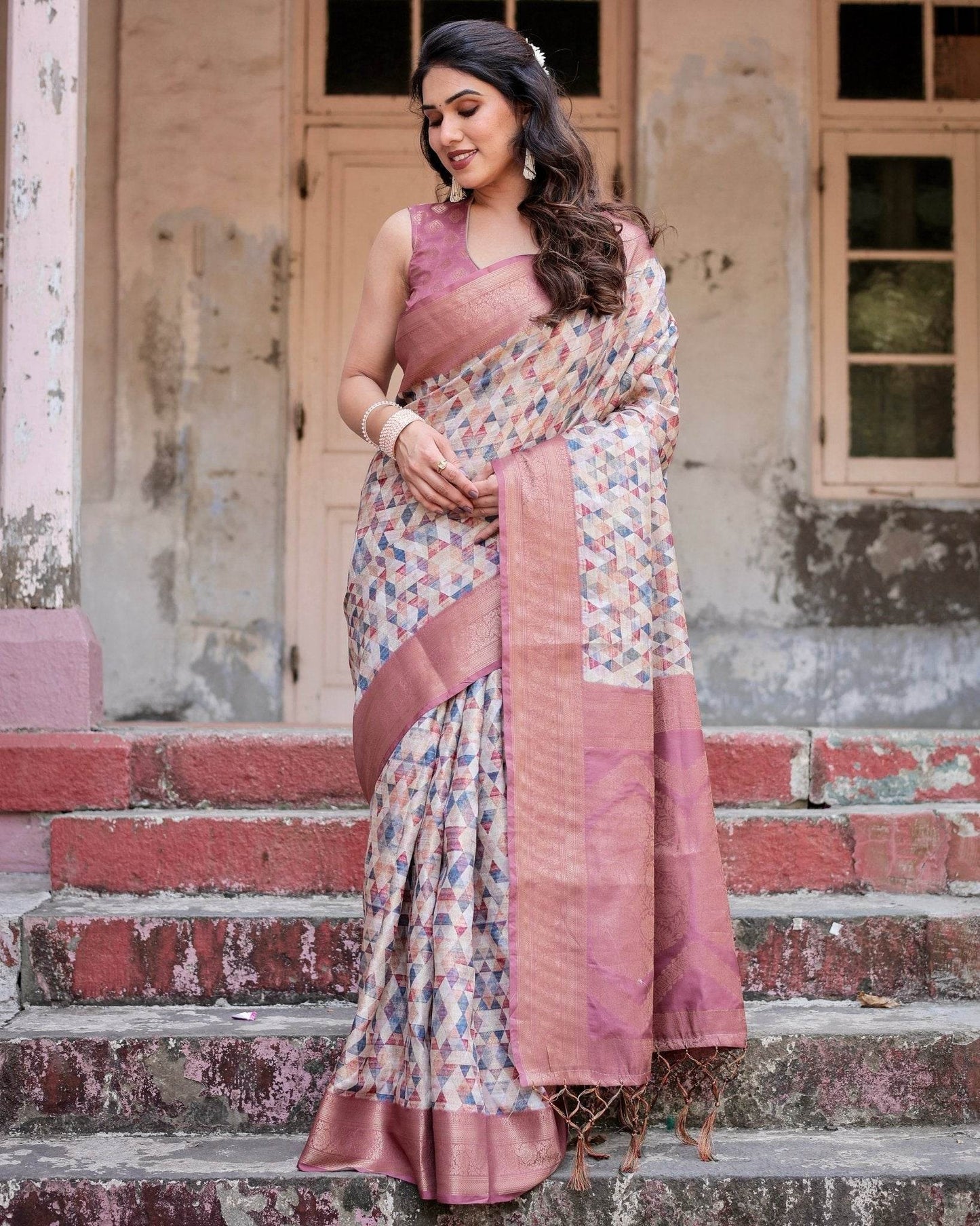 Beige and Pink Geometric Print Banarasi Silk Saree with Zari Weave and Tassel-Embellished Pallu - SEEANS