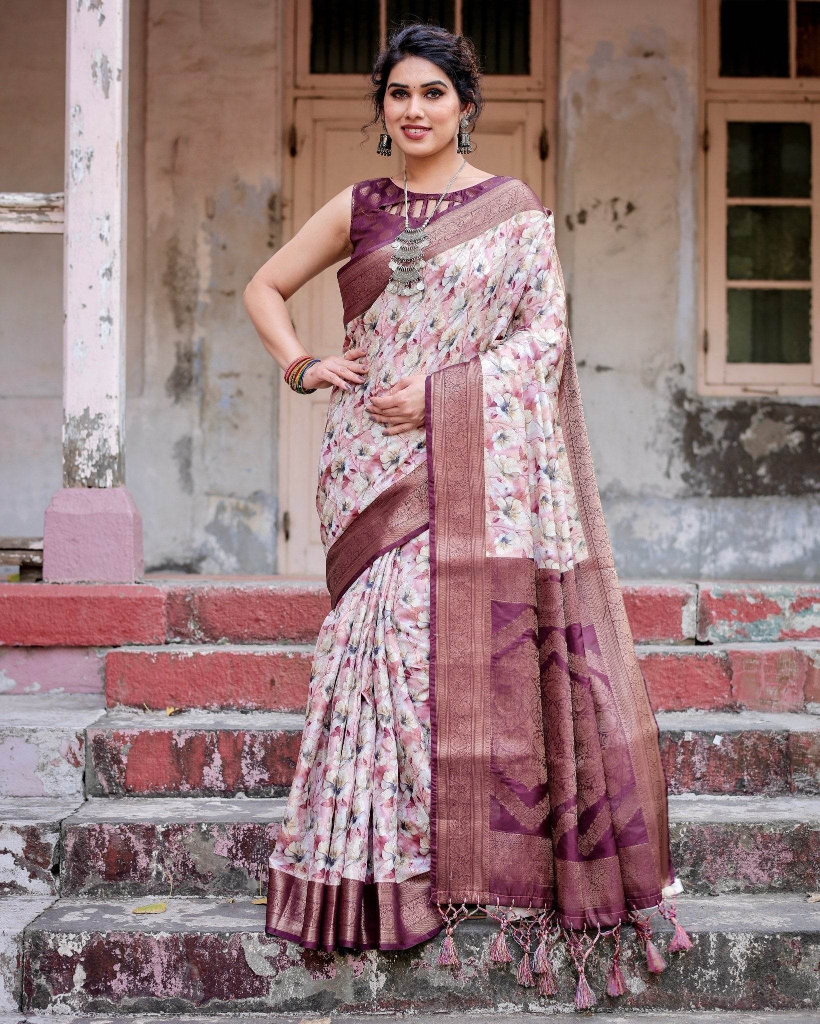 Elegant Wine Floral Banarasi Silk Saree with Zari Weave and Tassels - SEEANS