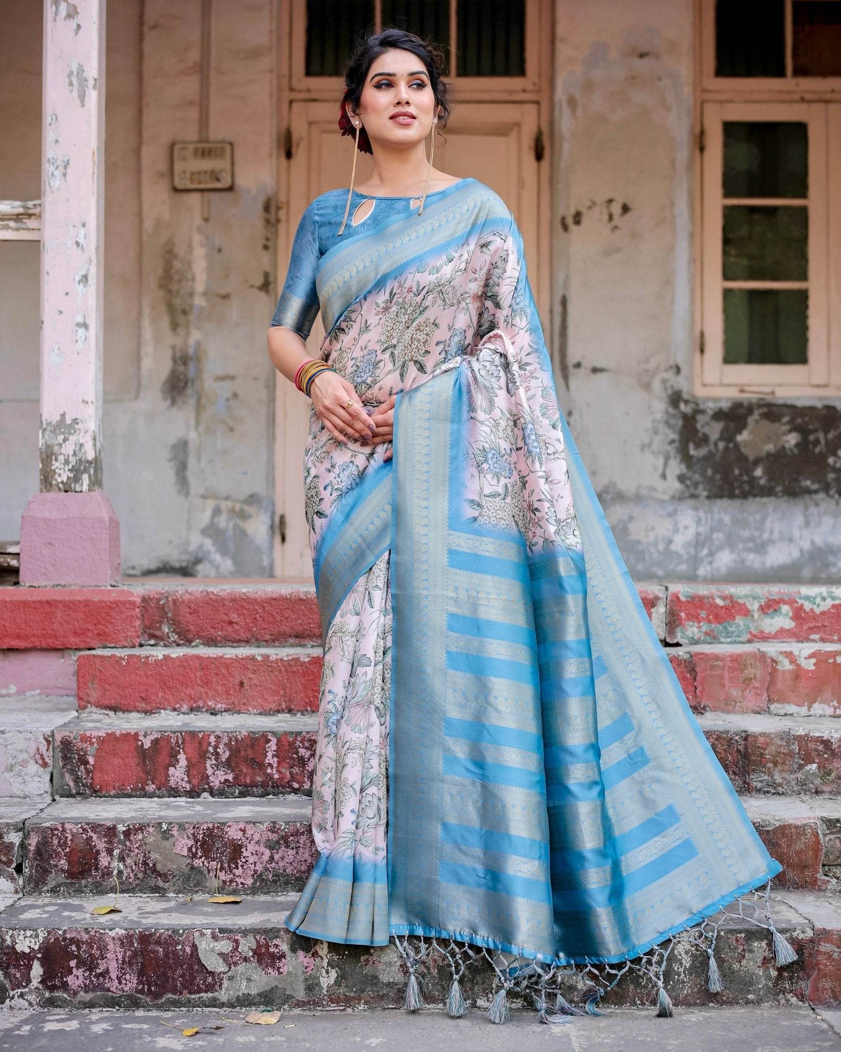 Elegant Floral Banarasi Silk Saree in Sky Blue and Blush Pink with Zari Weave and Tassels - SEEANS