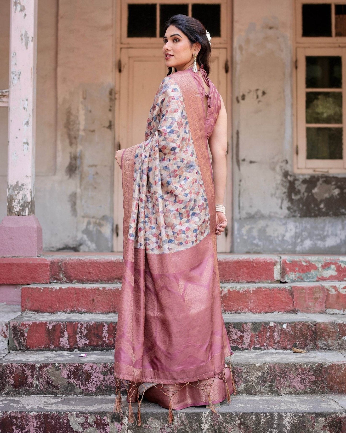 Beige and Pink Geometric Print Banarasi Silk Saree with Zari Weave and Tassel-Embellished Pallu - SEEANS