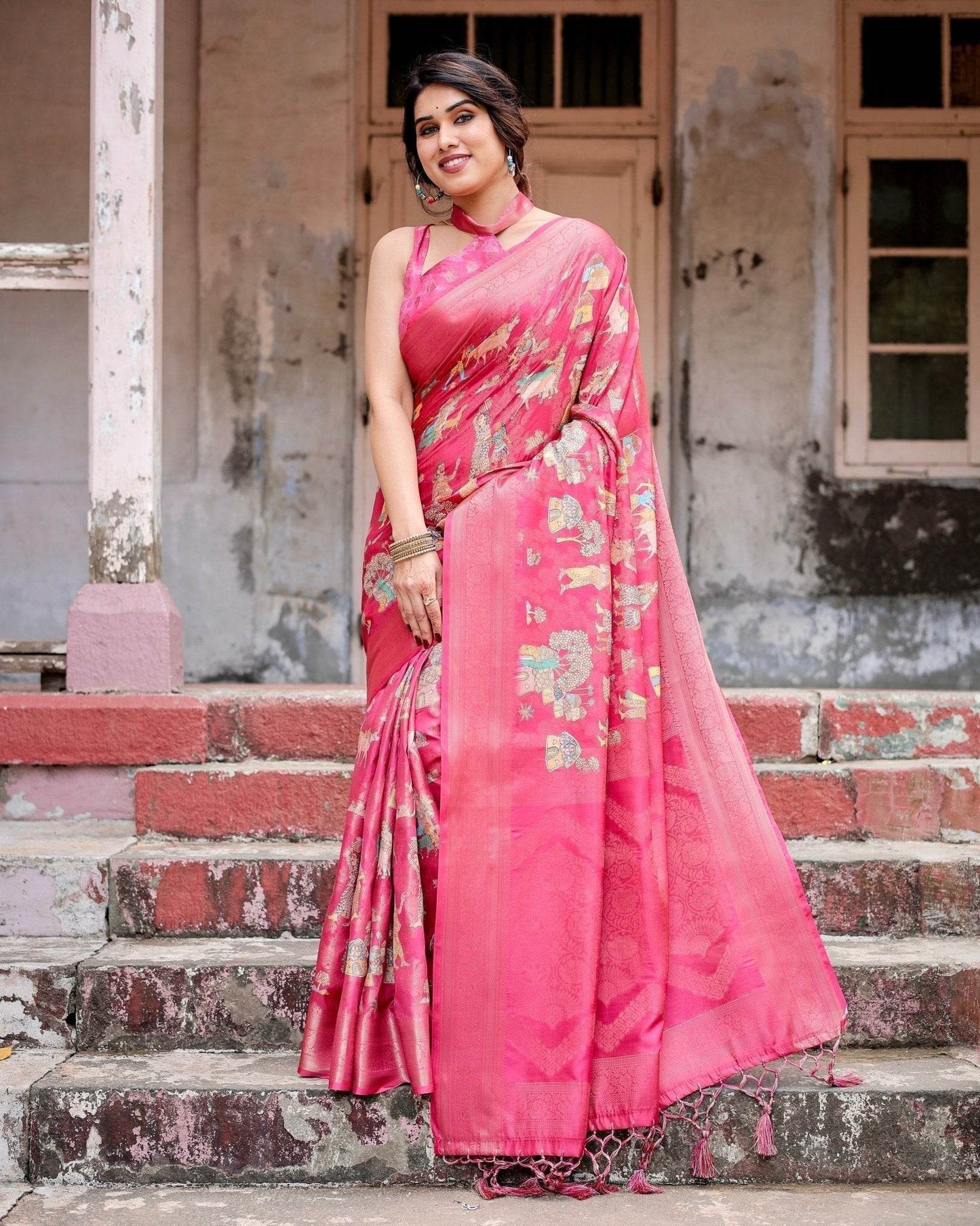 Regal Pink Banarasi Silk Saree with Zari Weave and Intricate Tassels - SEEANS