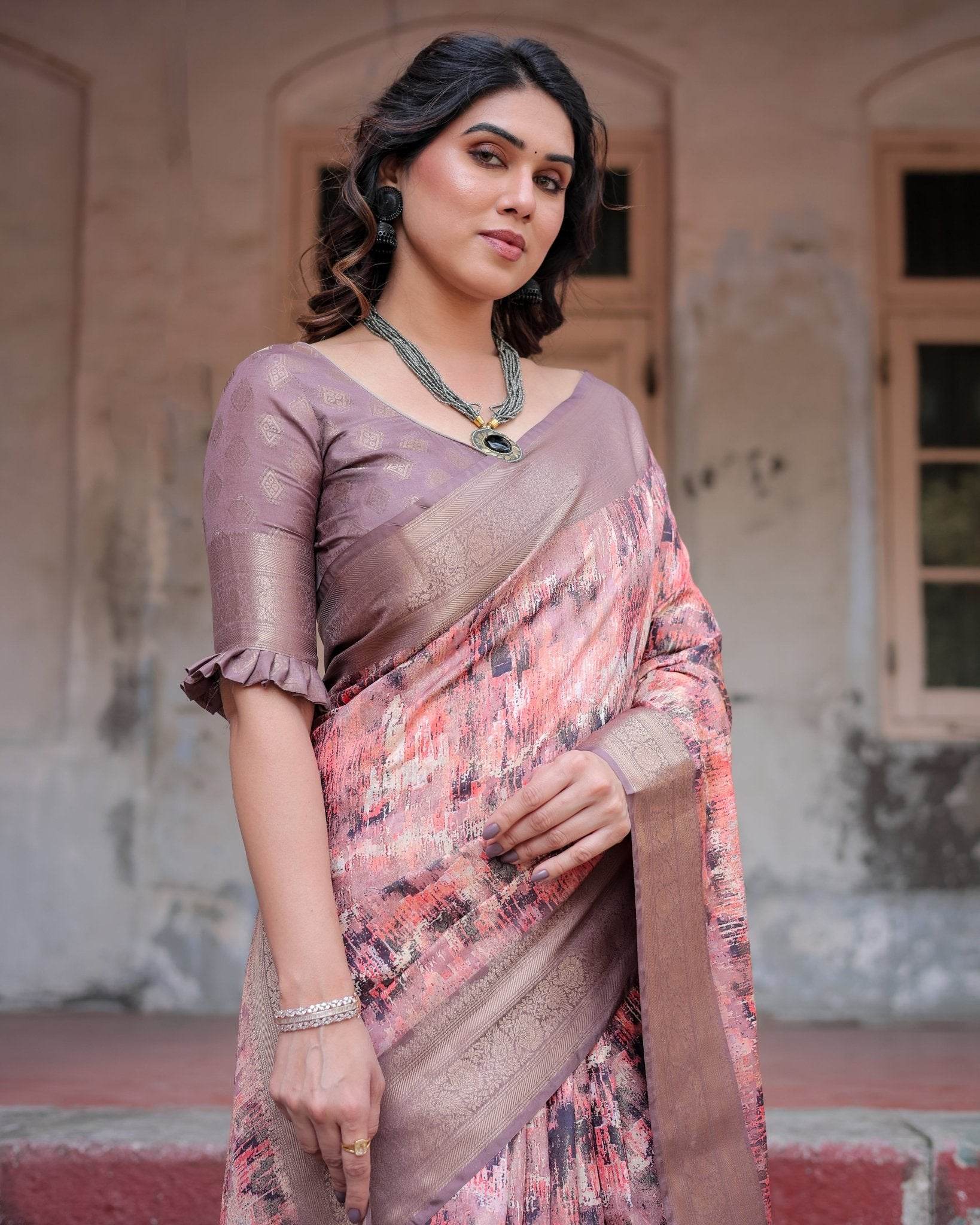 Peach and Brown Abstract Design Banarasi Silk Saree with Zari Weave and Tassel-Embellished Pallu - SEEANS