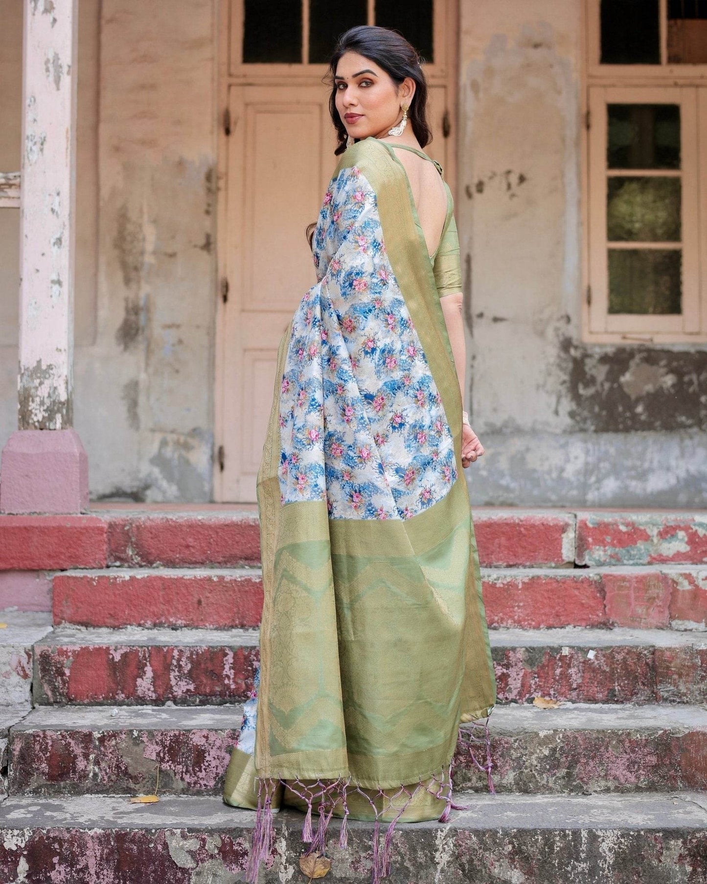 Blue and Green Floral Digital Print Banarasi Silk Saree with Zari Weave and Tassel-Embellished Pallu - SEEANS