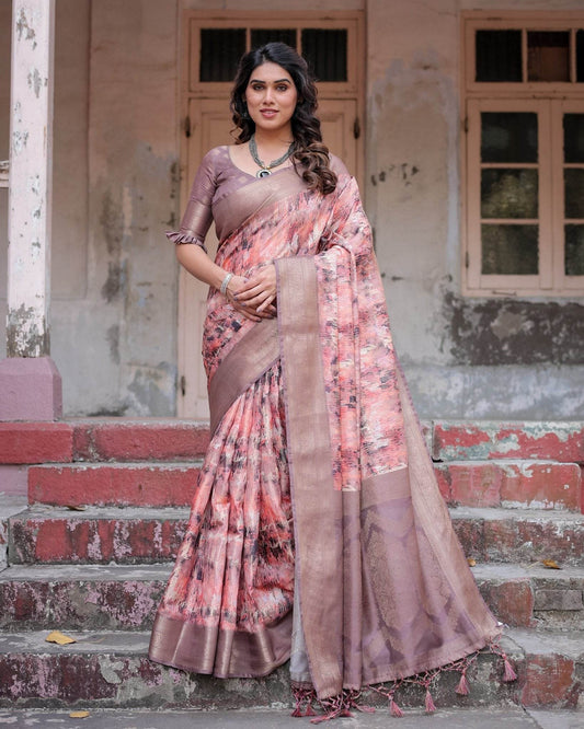 Peach and Brown Abstract Design Banarasi Silk Saree with Zari Weave and Tassel-Embellished Pallu - SEEANS