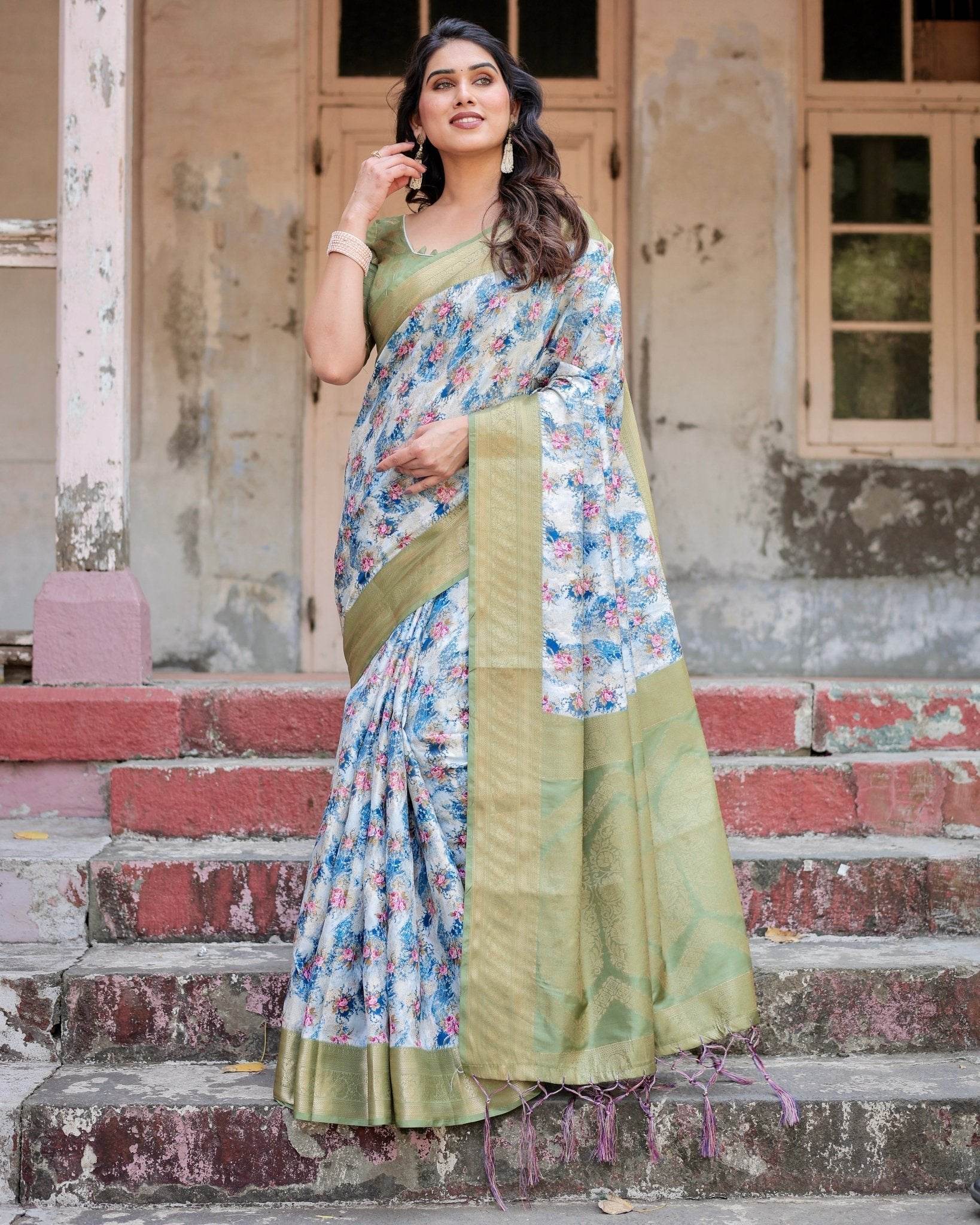 Blue and Green Floral Digital Print Banarasi Silk Saree with Zari Weave and Tassel-Embellished Pallu - SEEANS