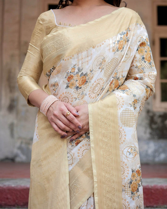 Ivory and Gold Banarasi Silk Saree with Floral Print, Zari Border, and Tassels - SEEANS