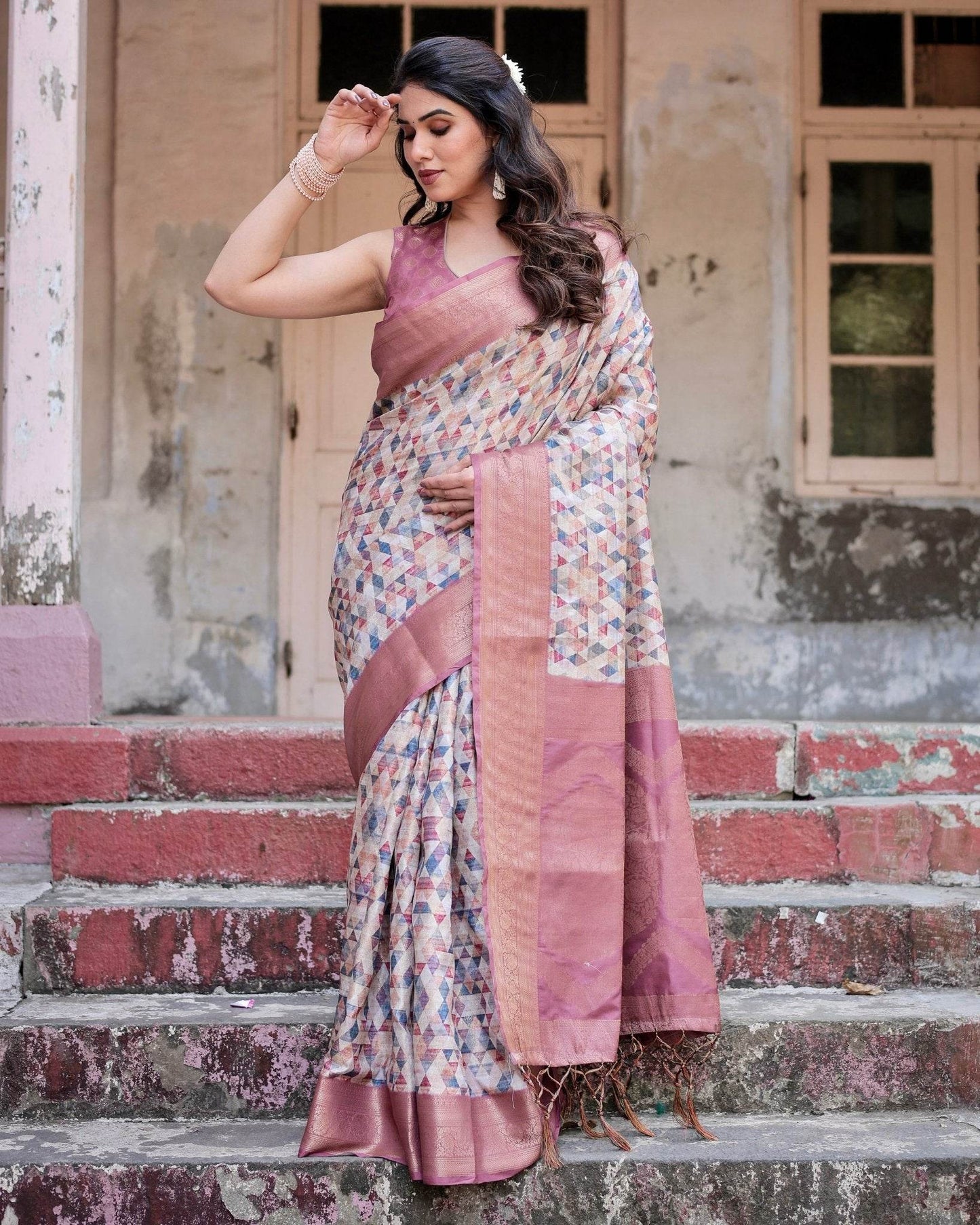 Beige and Pink Geometric Print Banarasi Silk Saree with Zari Weave and Tassel-Embellished Pallu - SEEANS