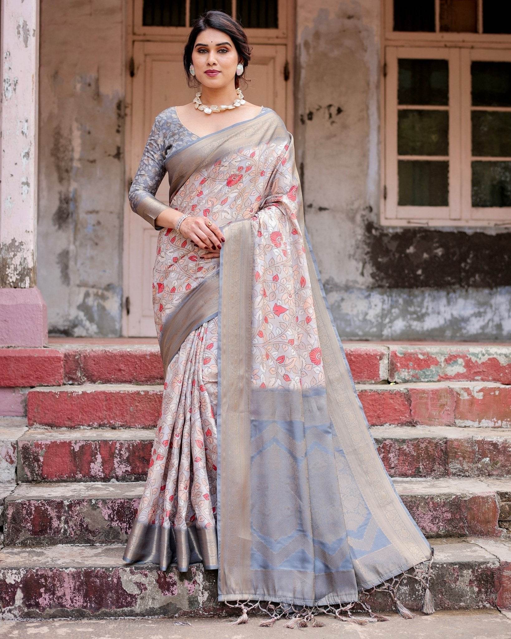 Elegant Grey Banarasi Silk Saree with Intricate Floral Design and Zari Weave - SEEANS