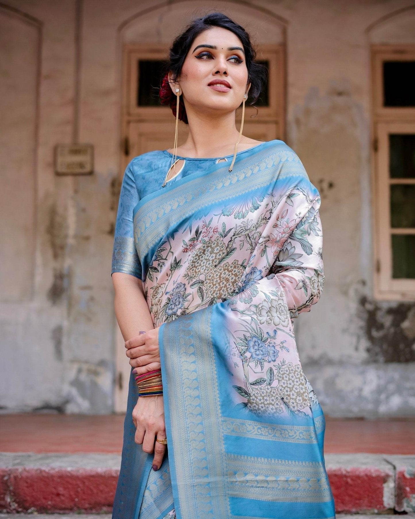 Elegant Floral Banarasi Silk Saree in Sky Blue and Blush Pink with Zari Weave and Tassels - SEEANS