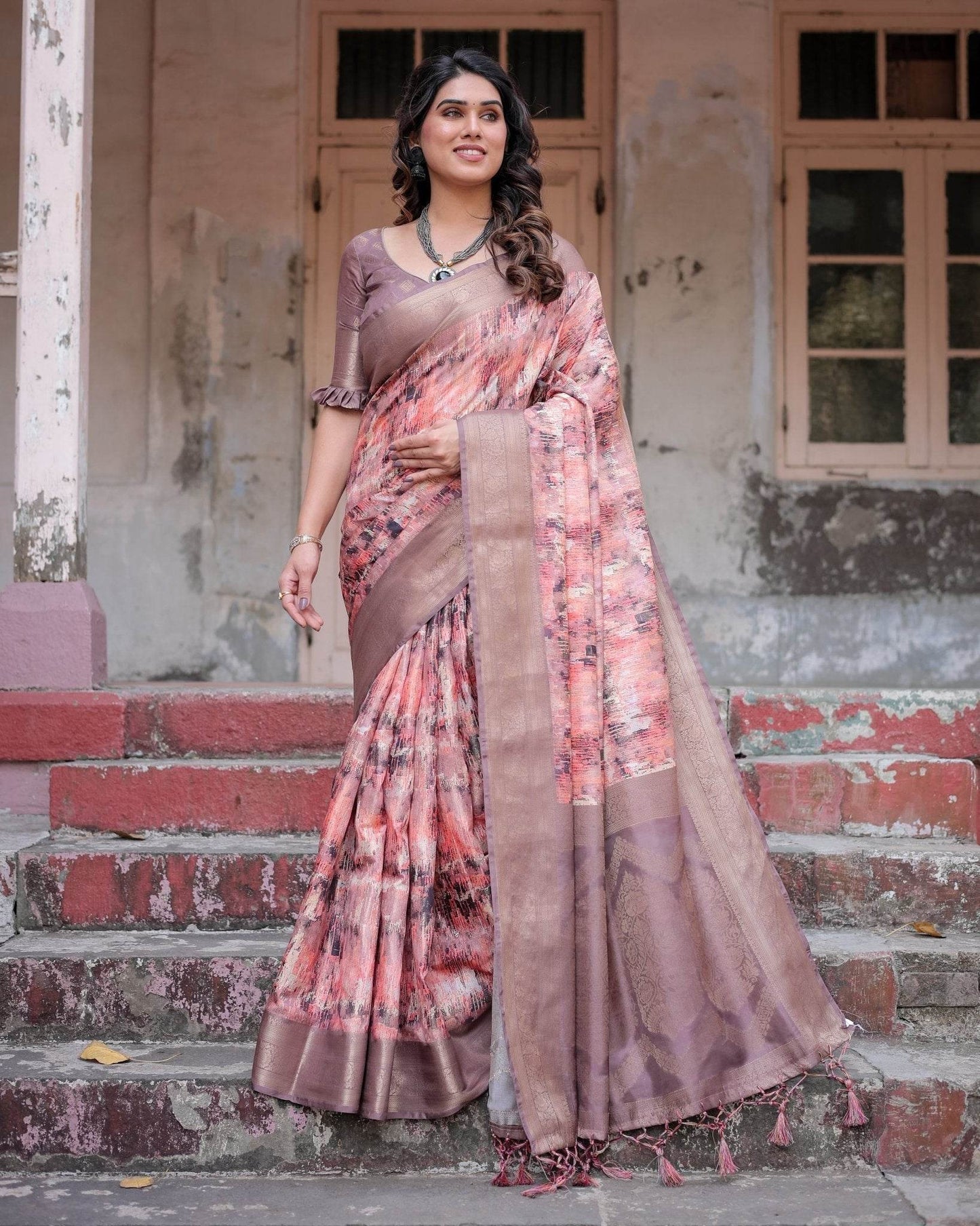 Peach and Brown Abstract Design Banarasi Silk Saree with Zari Weave and Tassel-Embellished Pallu - SEEANS