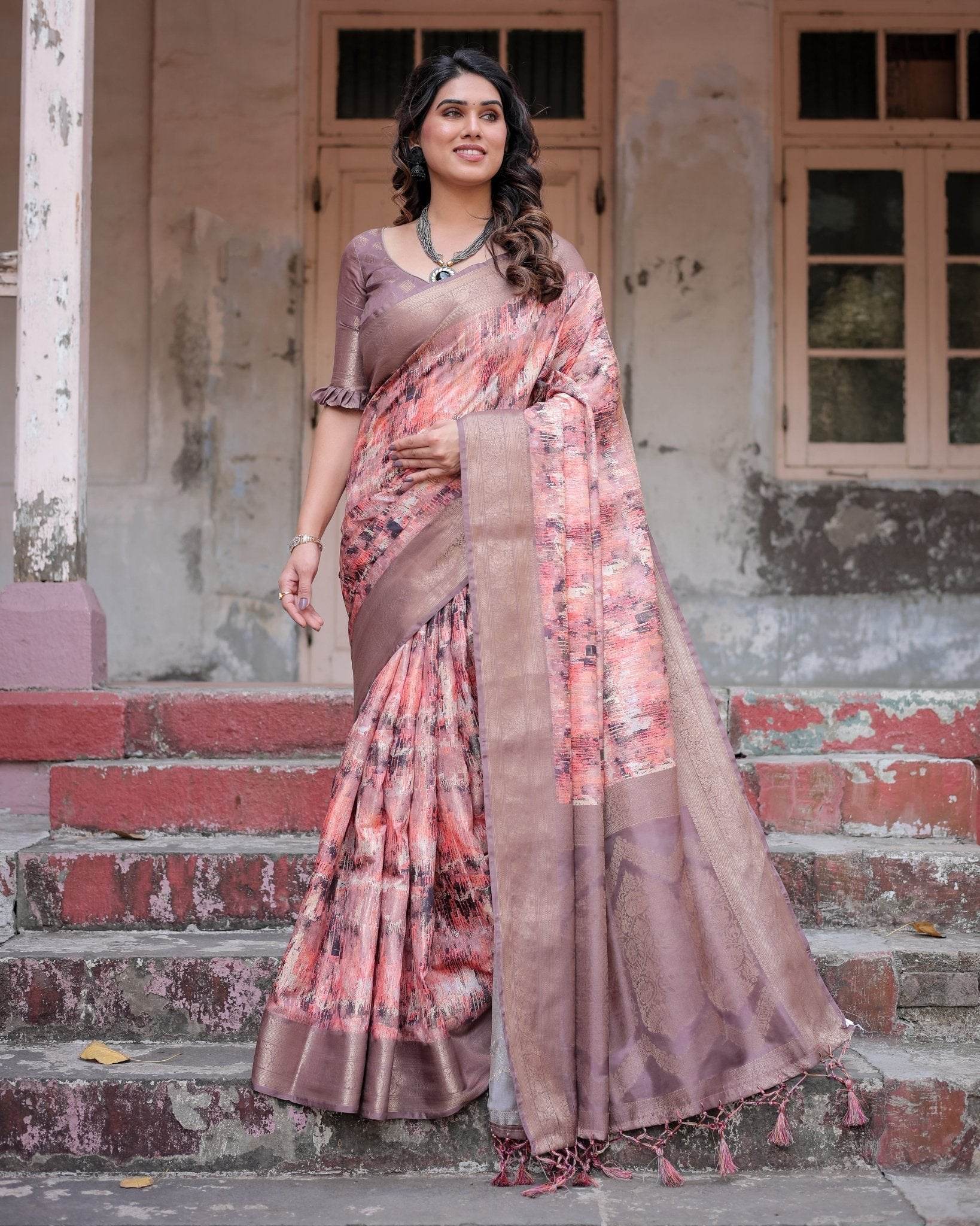 Peach and Brown Abstract Design Banarasi Silk Saree with Zari Weave and Tassel-Embellished Pallu - SEEANS