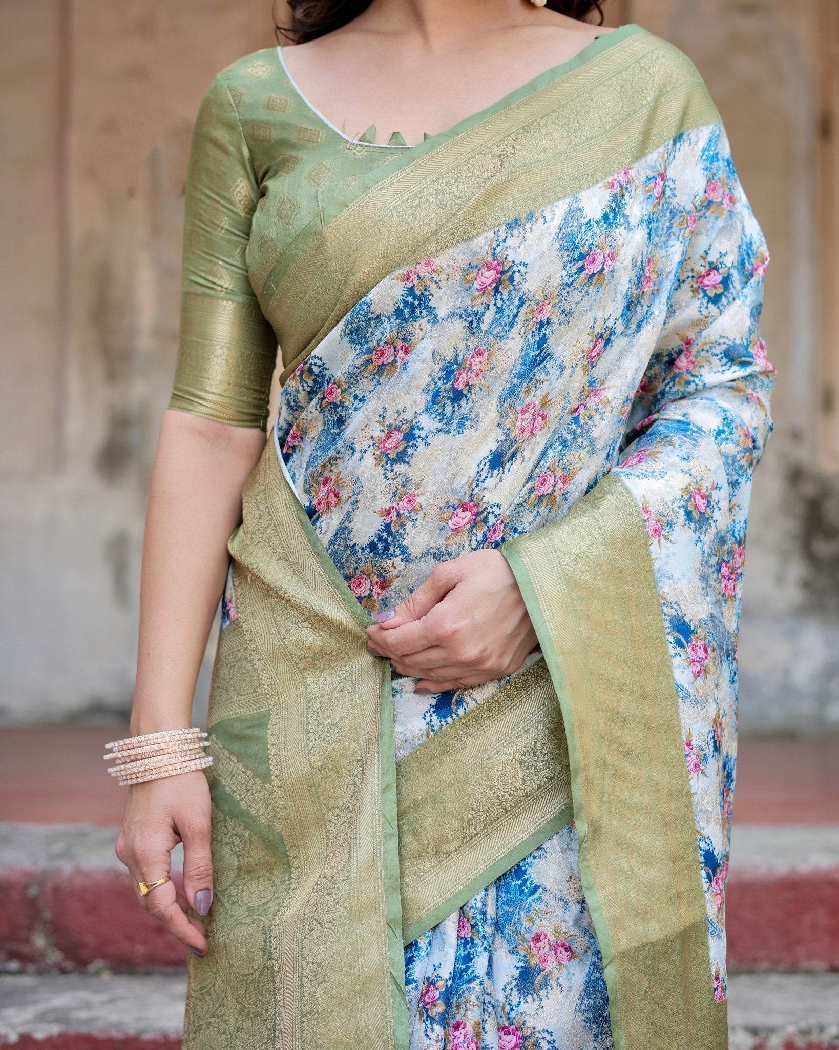 Blue and Green Floral Digital Print Banarasi Silk Saree with Zari Weave and Tassel-Embellished Pallu - SEEANS