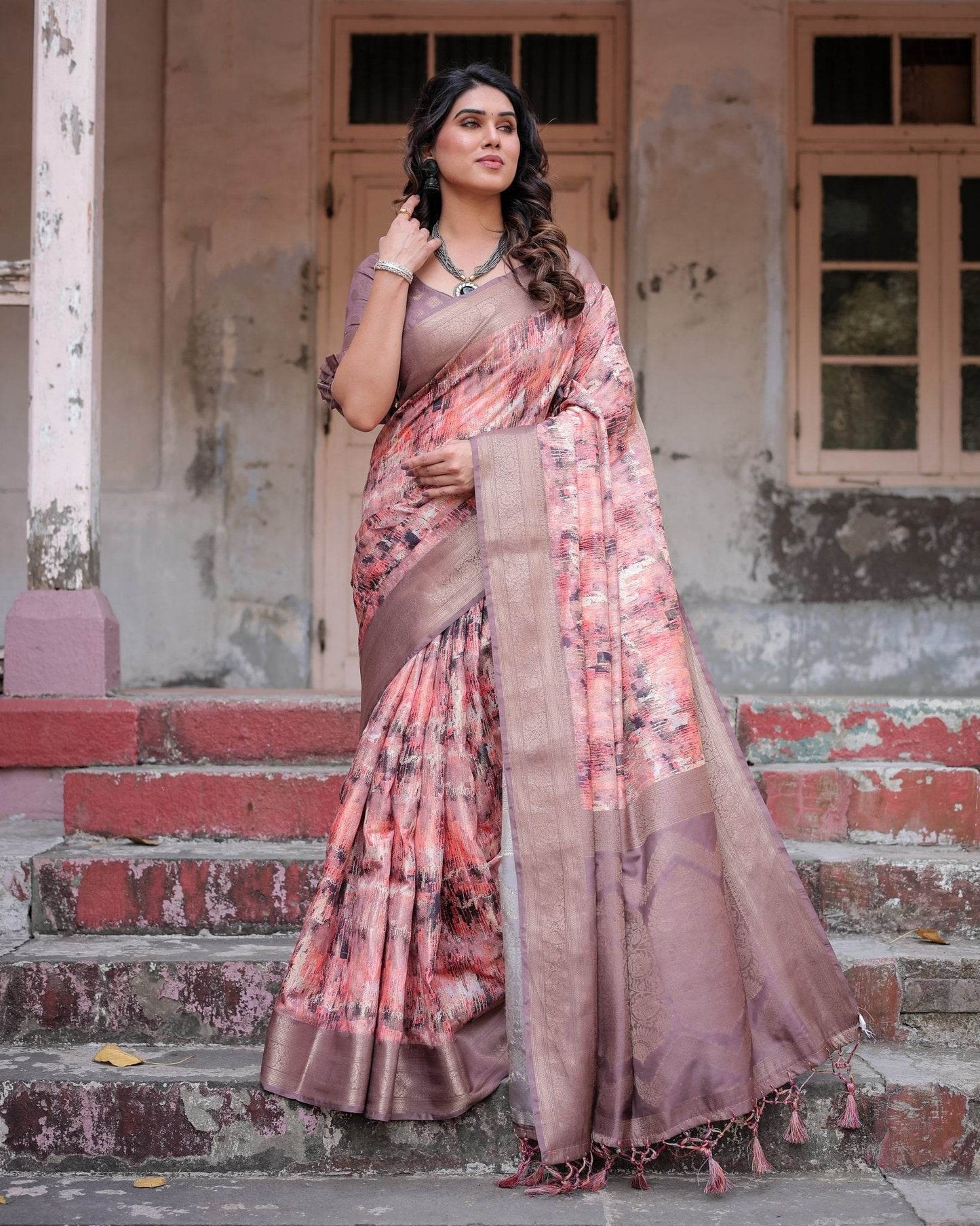 Peach and Brown Abstract Design Banarasi Silk Saree with Zari Weave and Tassel-Embellished Pallu - SEEANS