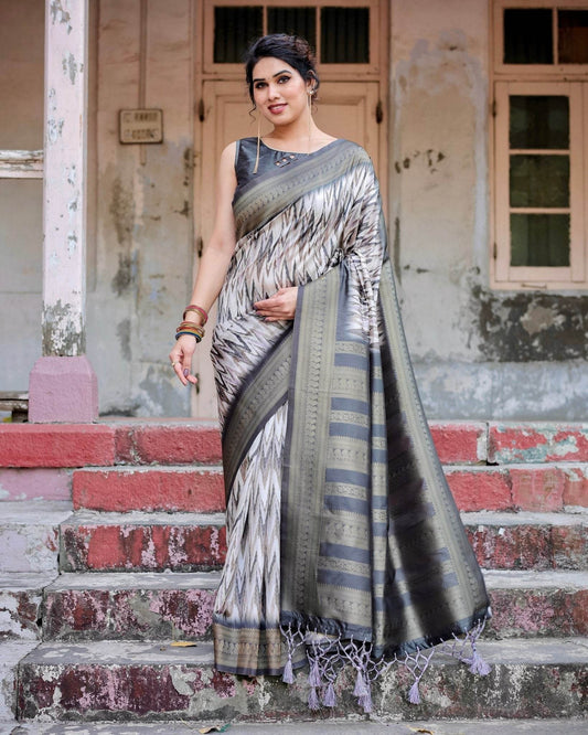 Elegant Banarasi Silk Saree with Zari Weaving and Tassels in Shades of Grey and Black - SEEANS