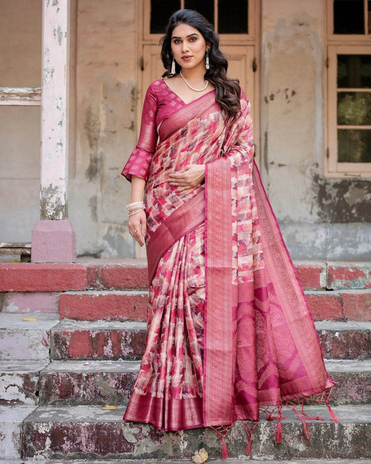 Pink and Maroon Abstract Digital Print Banarasi Silk Saree with Zari Weave and Tassel-Embellished Pallu - SEEANS