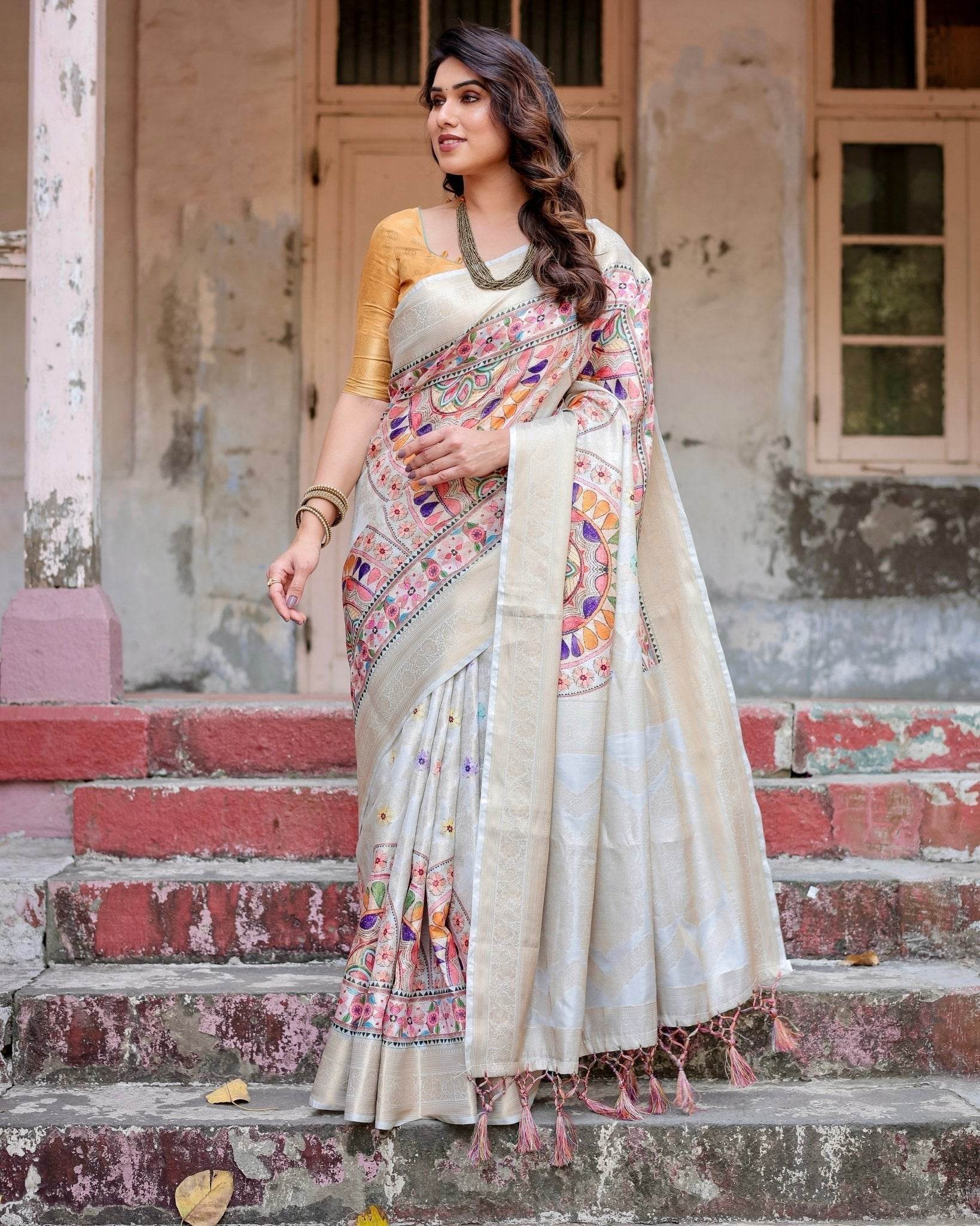 Off-White and Multicolor Mandala Design Banarasi Silk Saree with Zari Weave and Tassel-Adorned Pallu - SEEANS