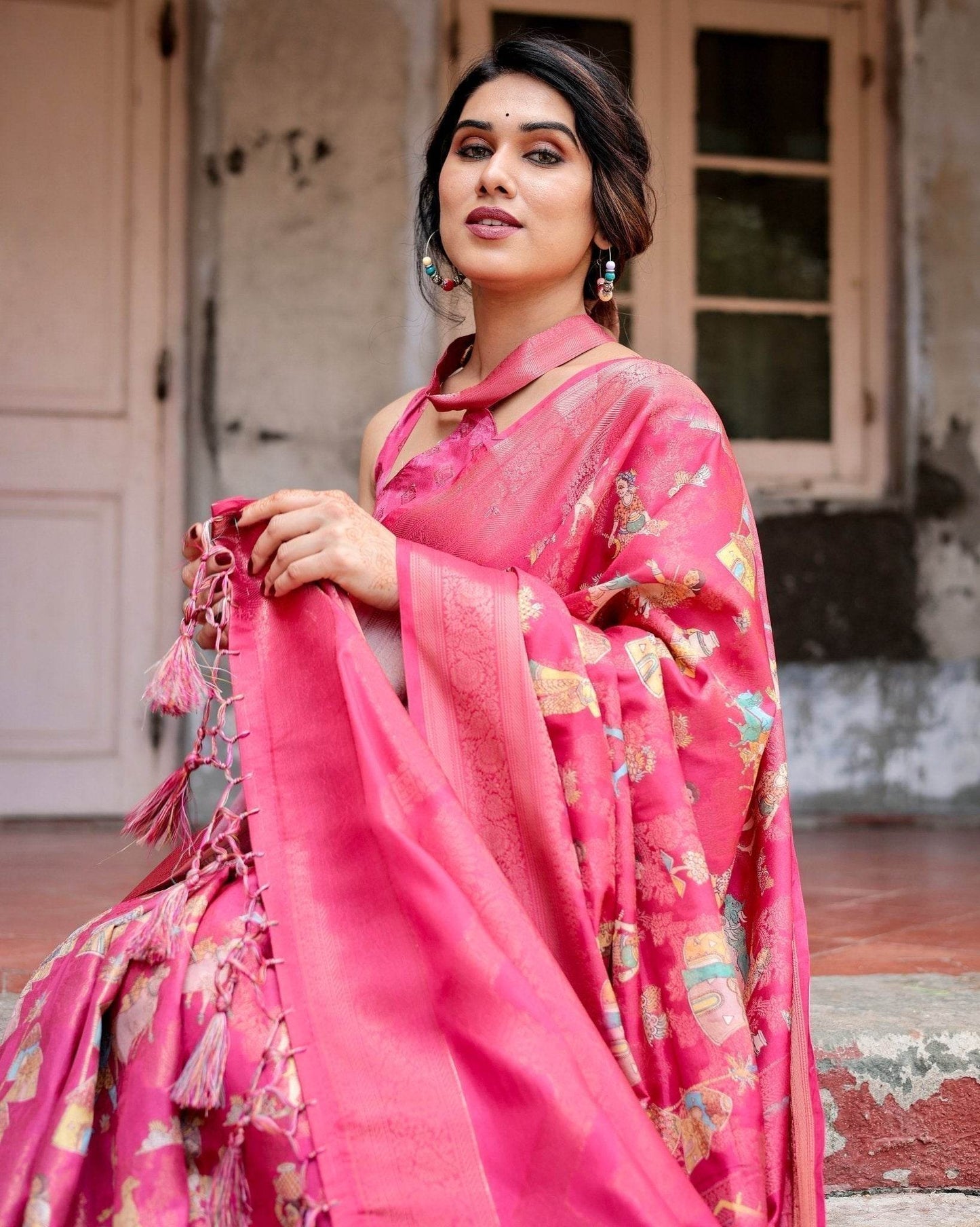 Regal Pink Banarasi Silk Saree with Zari Weave and Intricate Tassels - SEEANS