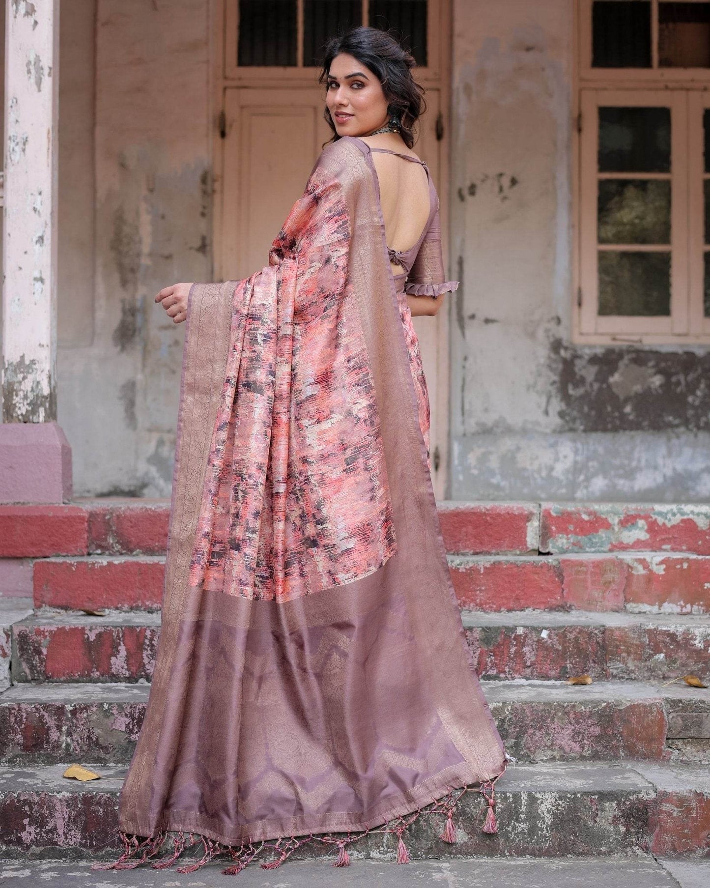 Peach and Brown Abstract Design Banarasi Silk Saree with Zari Weave and Tassel-Embellished Pallu - SEEANS