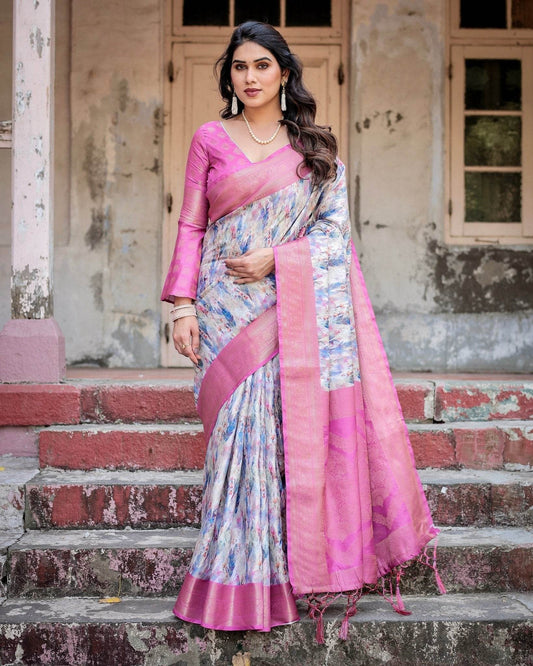 White and Pink Floral Digital Print Banarasi Silk Saree with Zari Weave and Tassel-Embellished Pallu - SEEANS