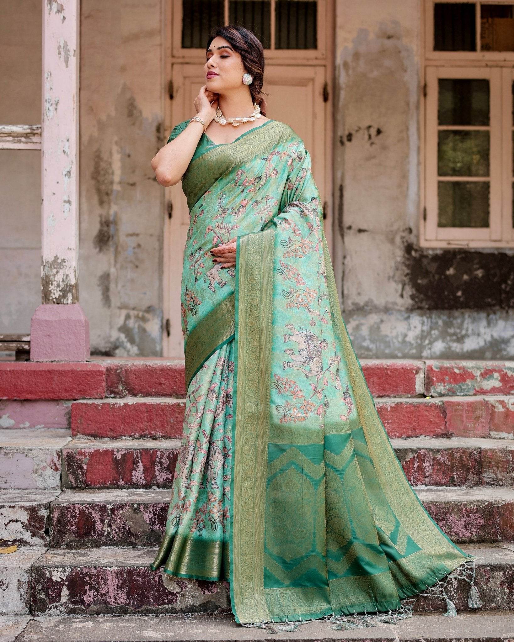 Graceful Green Banarasi Silk Saree with Intricate Floral and Elephant Weaves - SEEANS