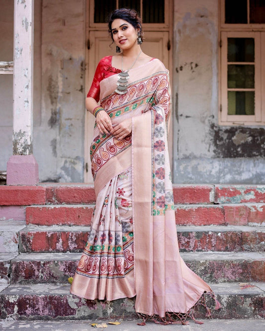 Peach Banarasi Silk Saree with Intricate Paisley and Floral Design - SEEANS