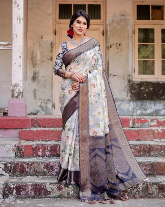 Elegant Gray Banarasi Silk Saree with Navy Blue Zari Weave, Floral Design, and Tassels - SEEANS