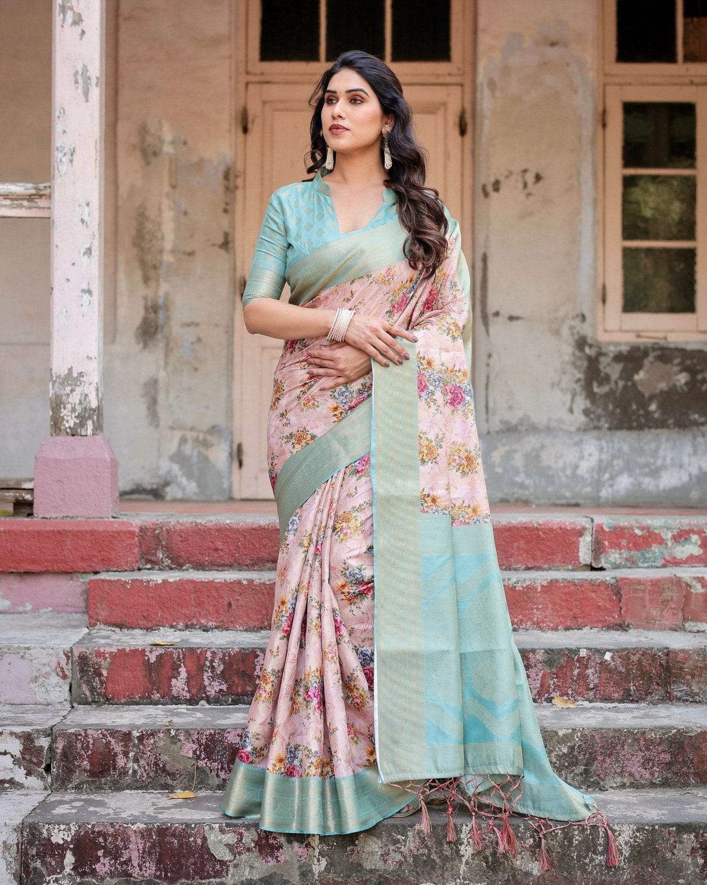 Pink and Green Floral Digital Print Banarasi Silk Saree with Zari Weave and Tassel Pallu - SEEANS