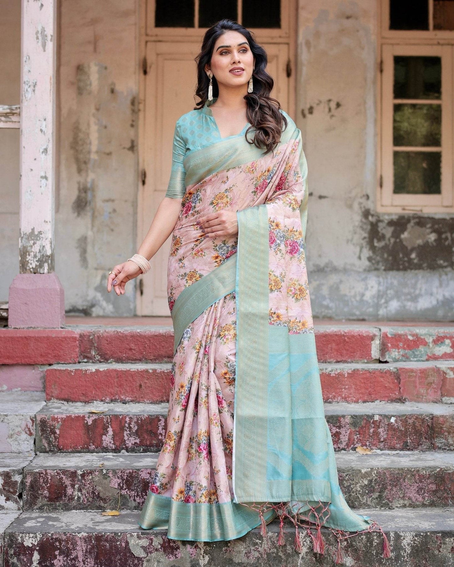 Pink and Green Floral Digital Print Banarasi Silk Saree with Zari Weave and Tassel Pallu - SEEANS