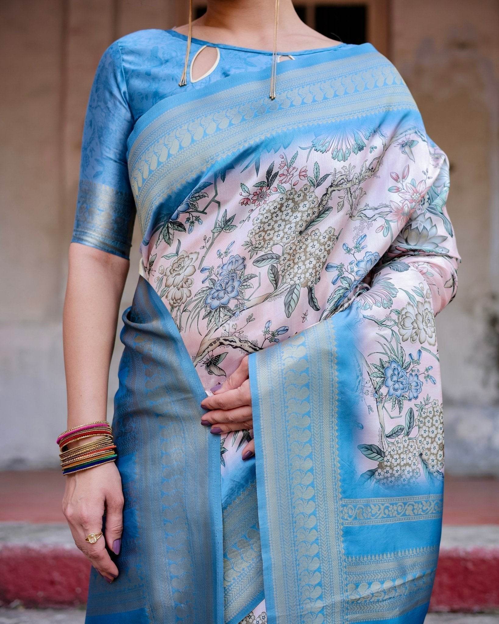 Elegant Floral Banarasi Silk Saree in Sky Blue and Blush Pink with Zari Weave and Tassels - SEEANS