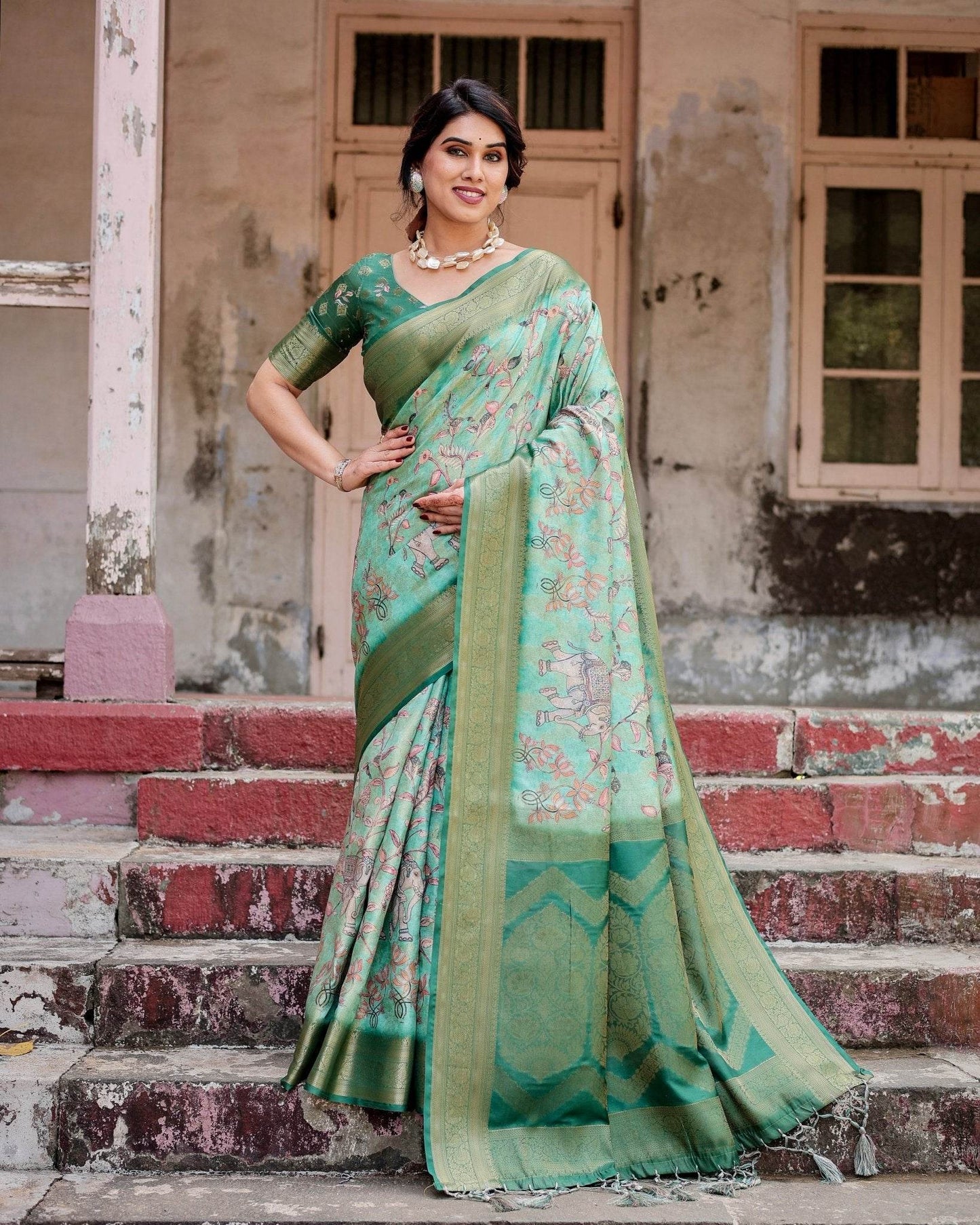 Graceful Green Banarasi Silk Saree with Intricate Floral and Elephant Weaves - SEEANS