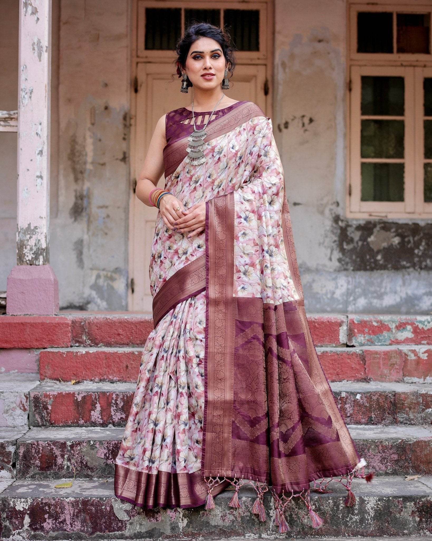 Elegant Wine Floral Banarasi Silk Saree with Zari Weave and Tassels - SEEANS