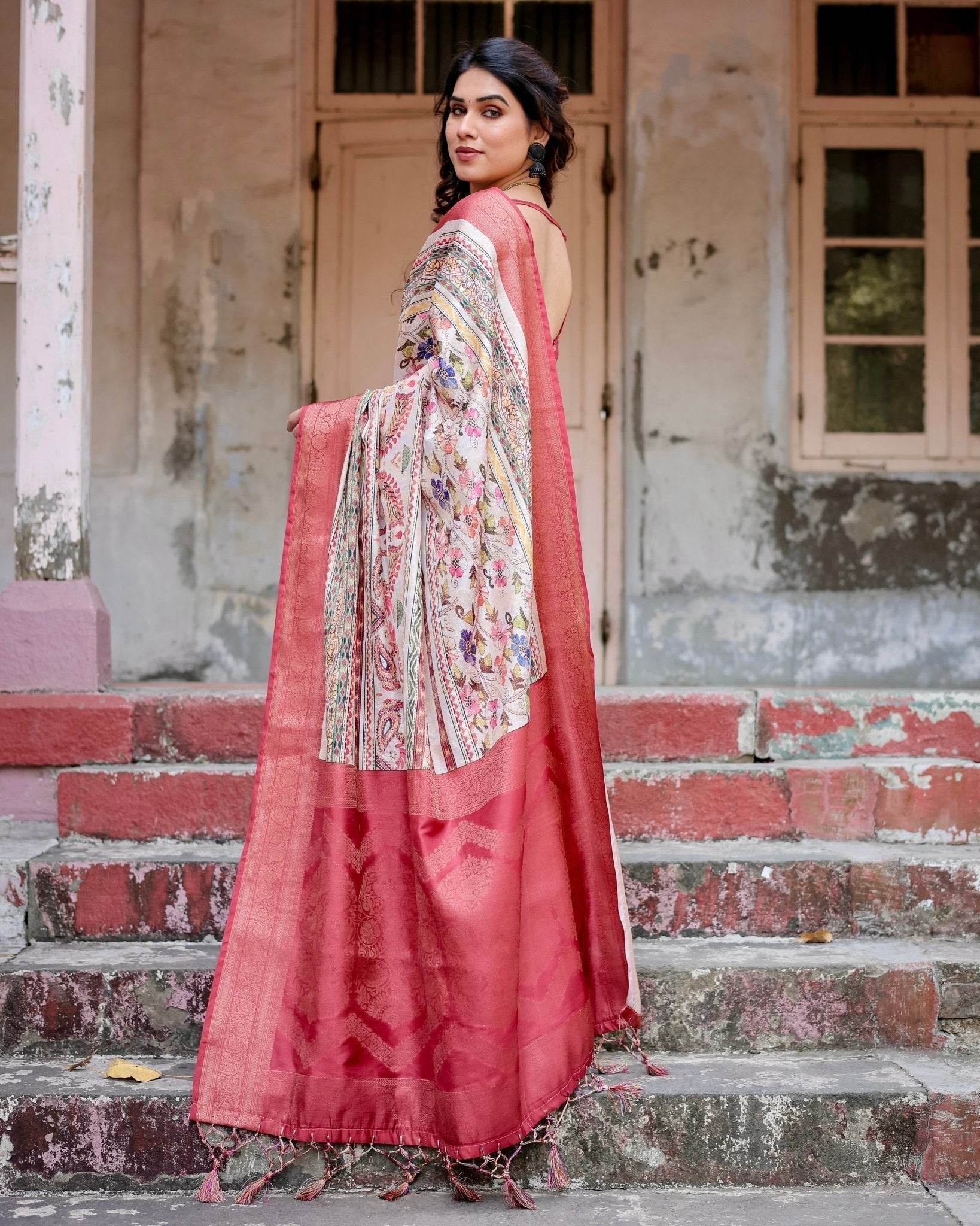 Red and Multicolor Digital Print Banarasi Silk Saree with Zari Weave and Tassel-Adorned Pallu - SEEANS