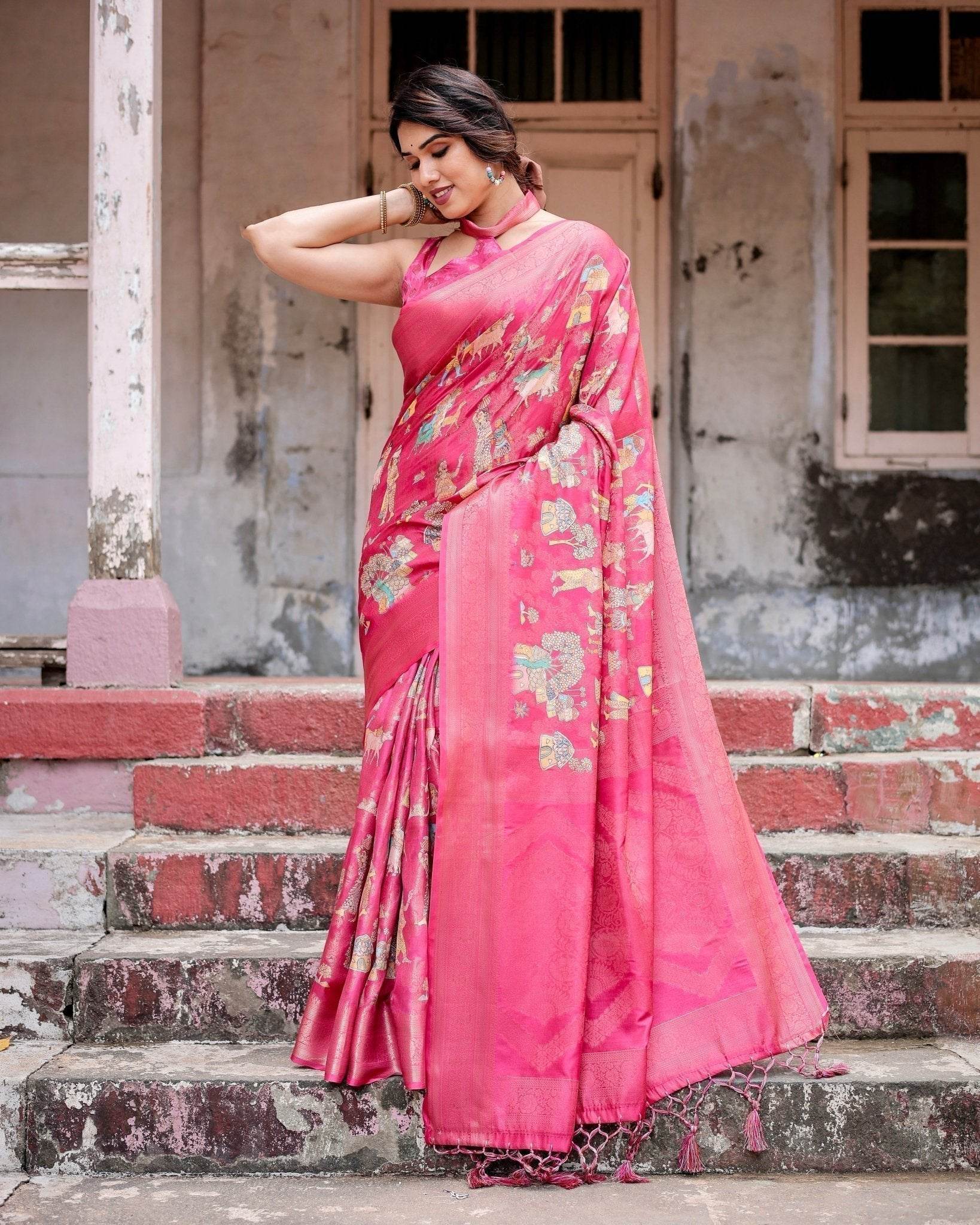 Regal Pink Banarasi Silk Saree with Zari Weave and Intricate Tassels - SEEANS