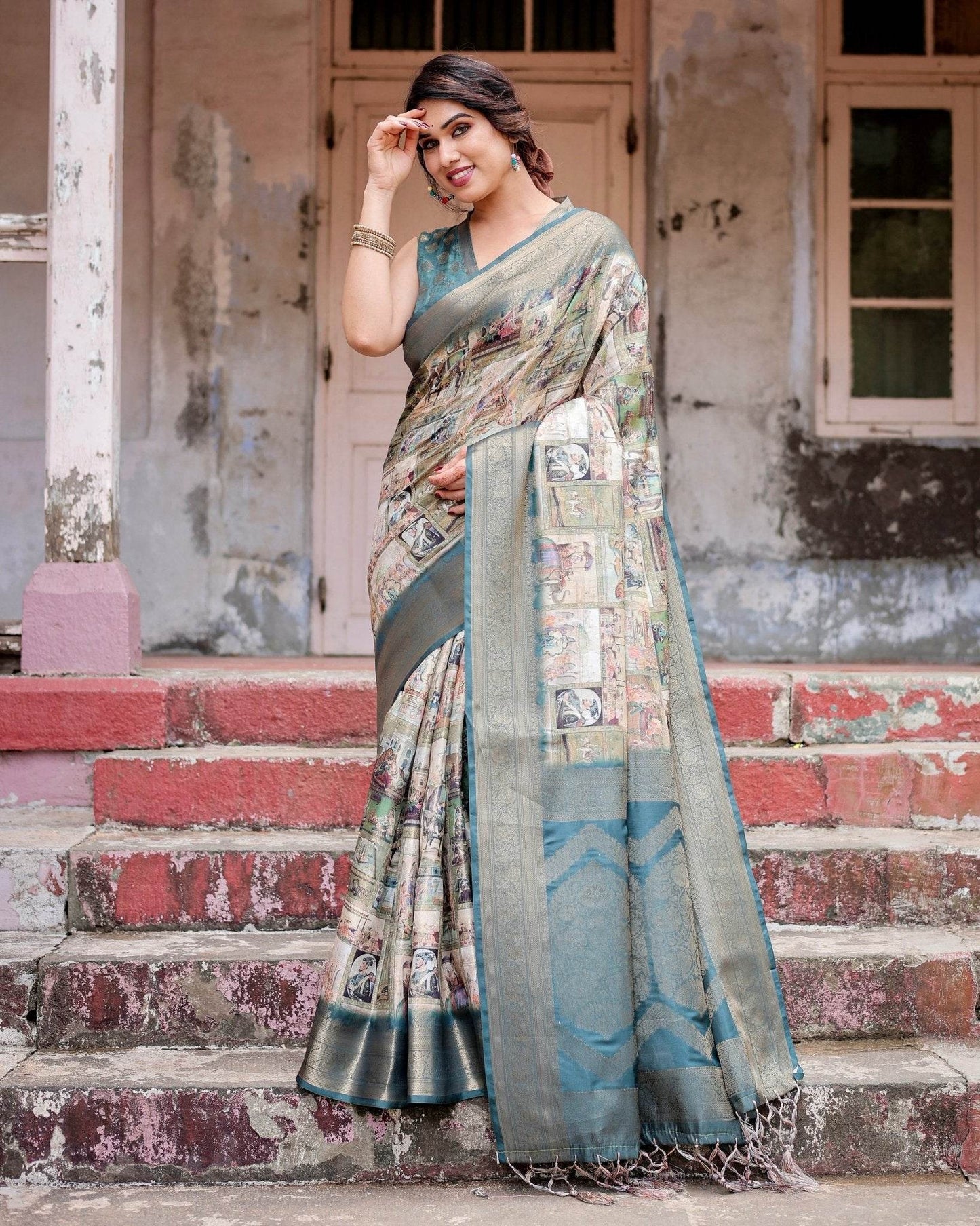 Graceful Teal Banarasi Silk Saree with Digital Vintage Prints and Zari Weaving - SEEANS