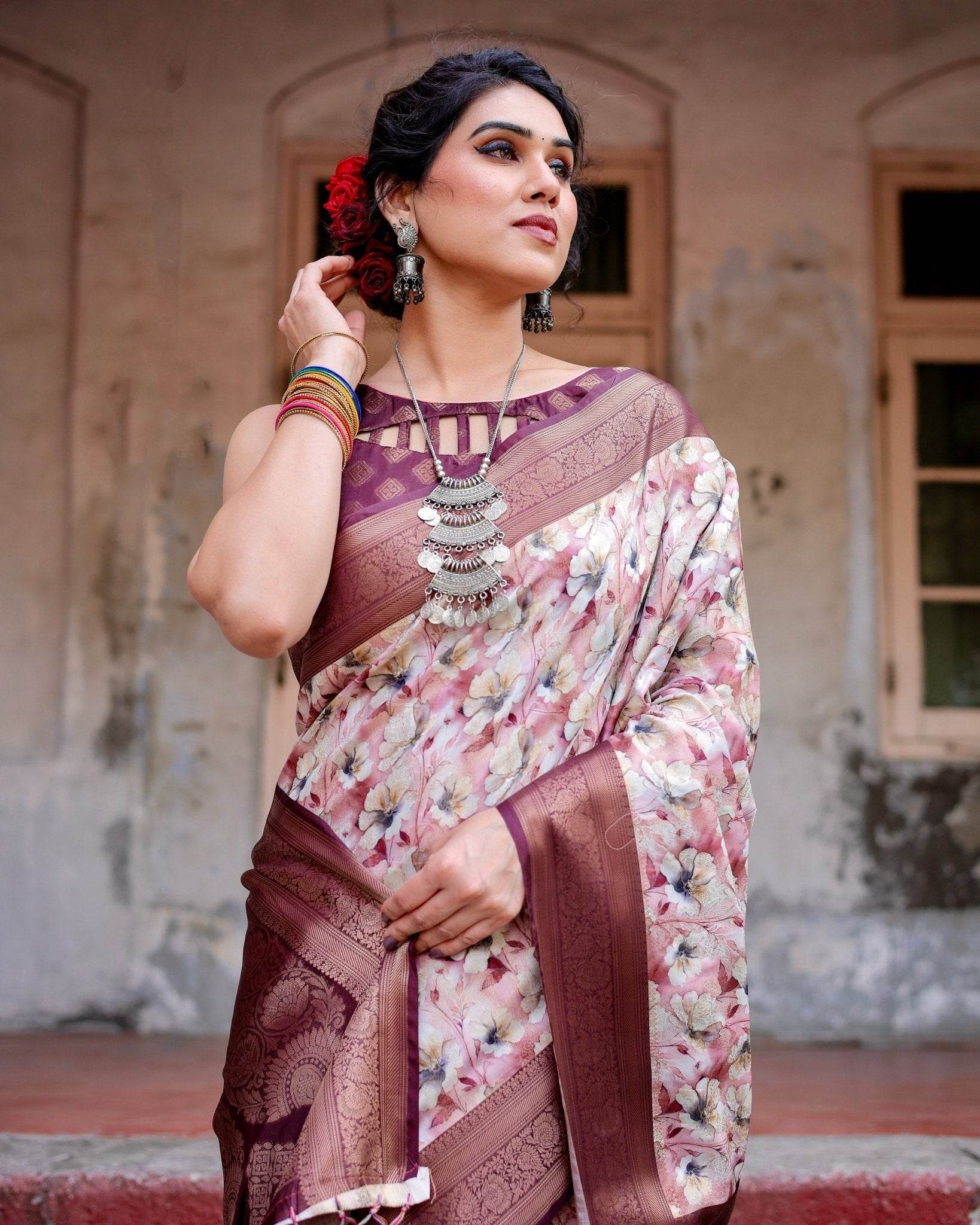 Elegant Wine Floral Banarasi Silk Saree with Zari Weave and Tassels - SEEANS