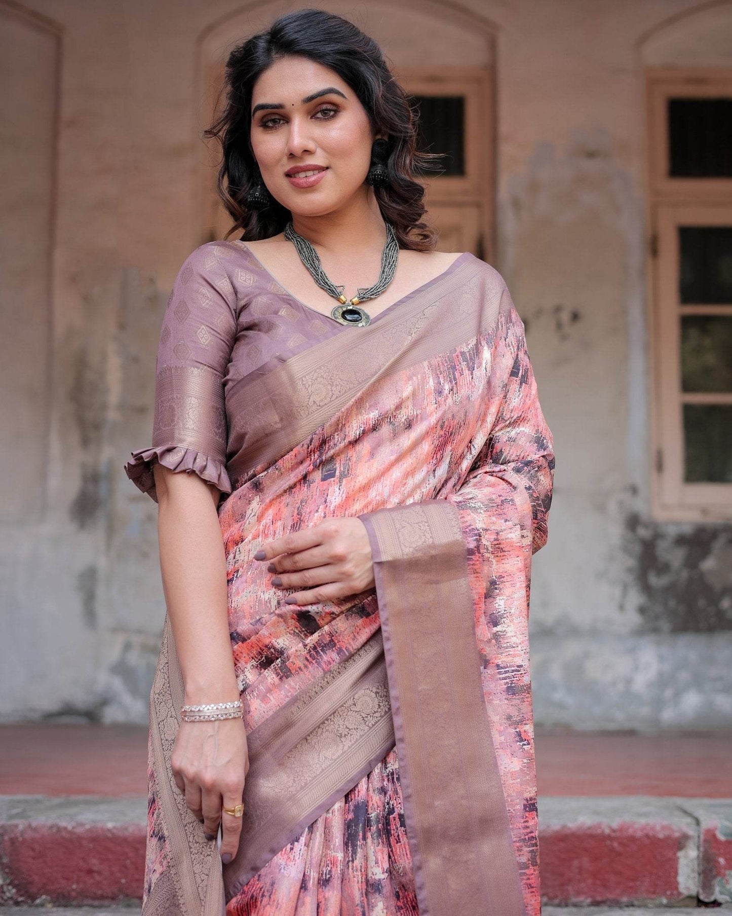 Peach and Brown Abstract Design Banarasi Silk Saree with Zari Weave and Tassel-Embellished Pallu - SEEANS