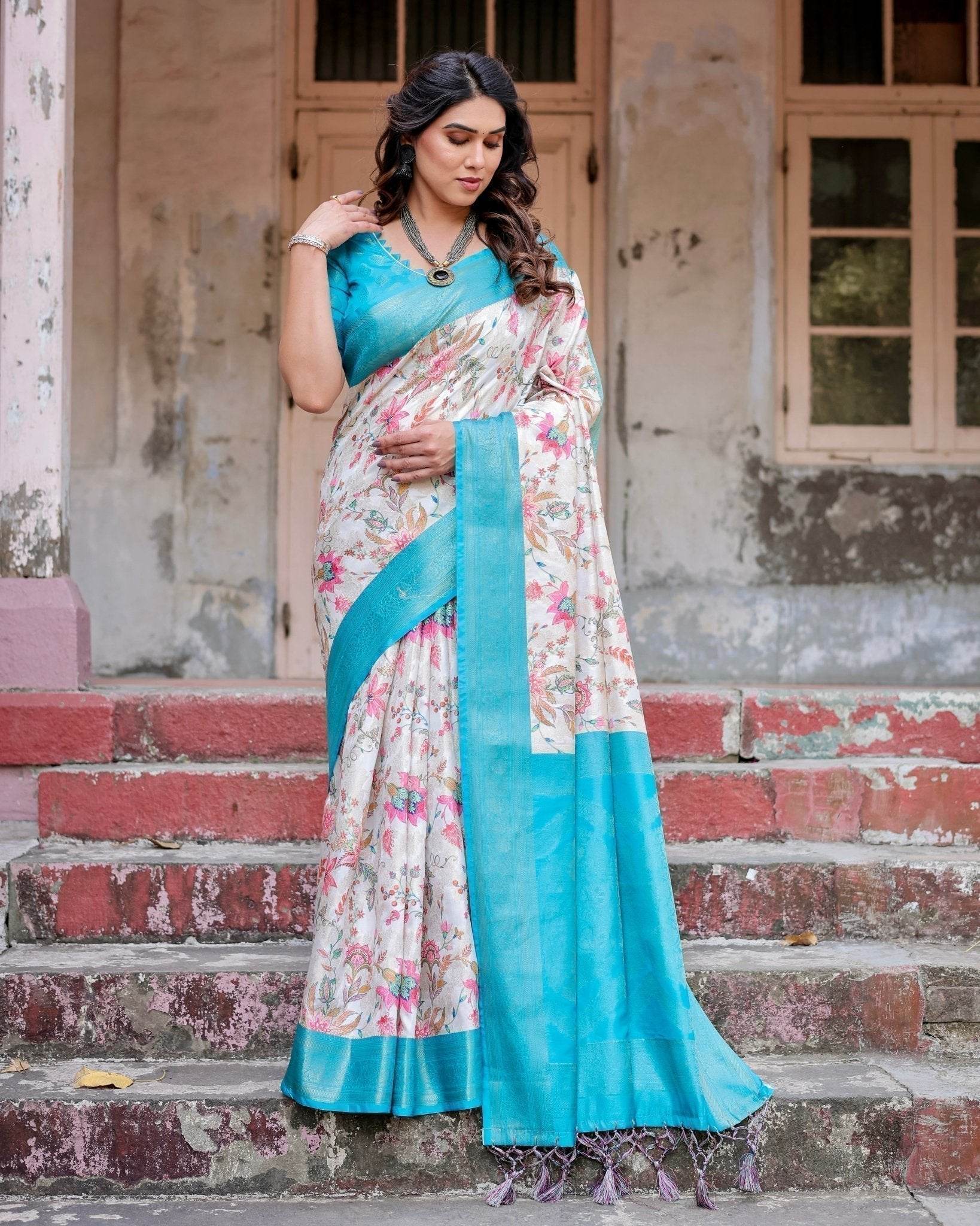 White and Aqua Floral Design Banarasi Silk Saree with Zari Weave and Tassel-Embellished Pallu - SEEANS