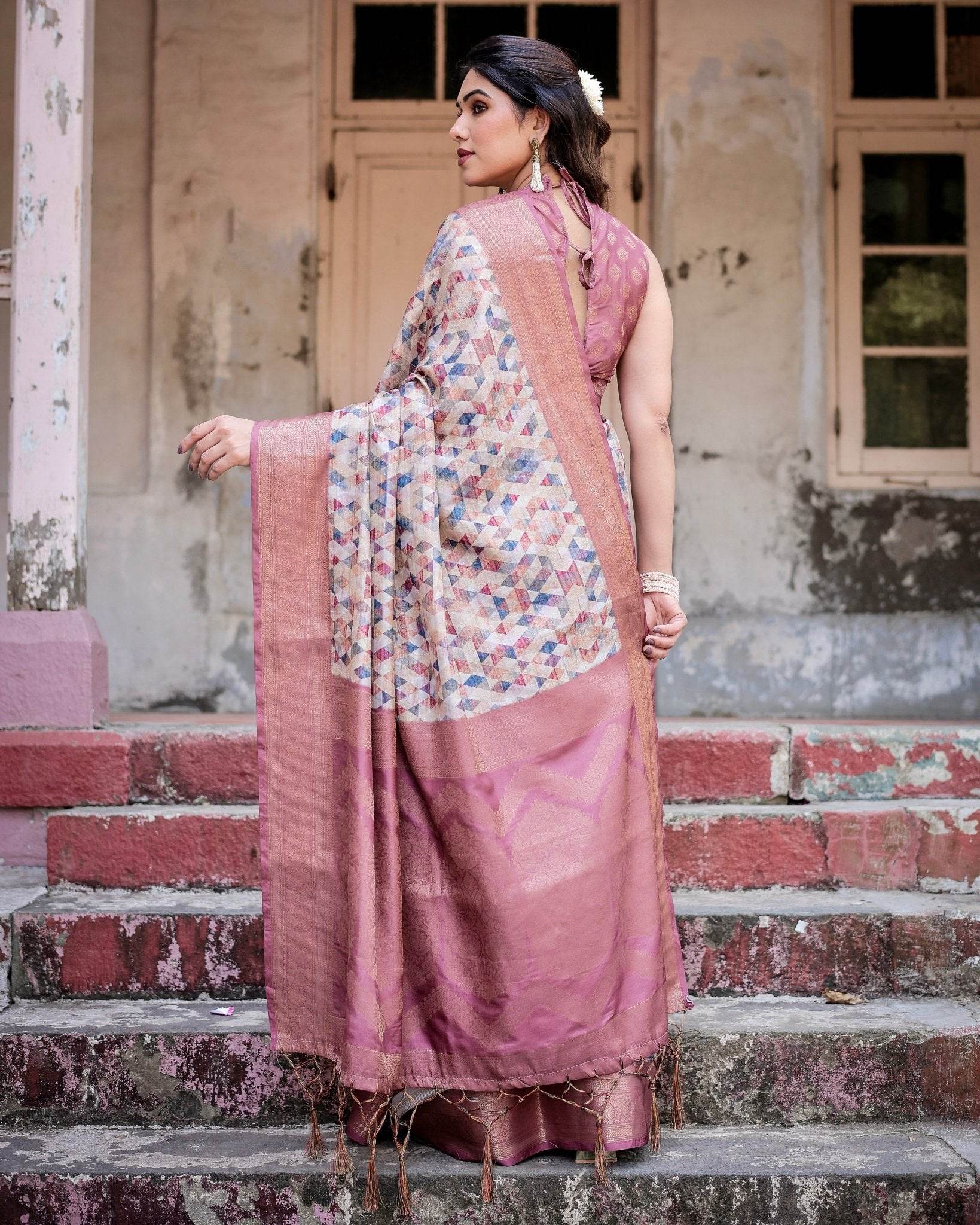 Beige and Pink Geometric Print Banarasi Silk Saree with Zari Weave and Tassel-Embellished Pallu - SEEANS