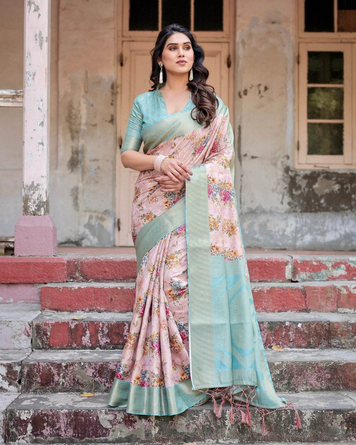 Pink and Green Floral Digital Print Banarasi Silk Saree with Zari Weave and Tassel Pallu - SEEANS