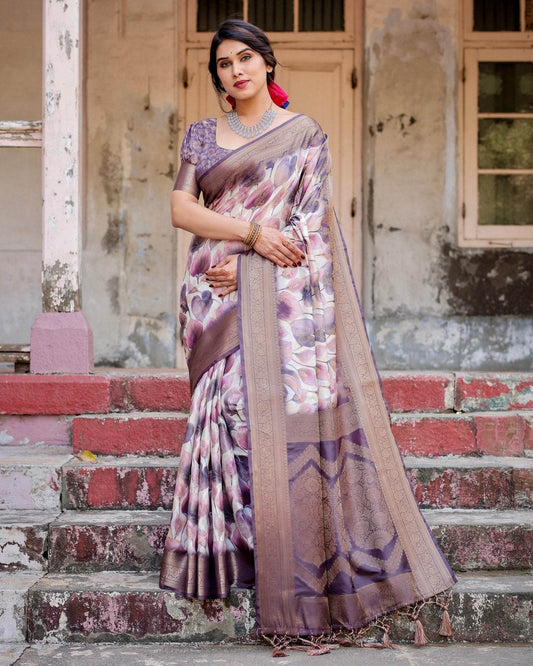 Elegant Purple Floral Banarasi Silk Saree with Intricate Zari Weave and Tassels - SEEANS