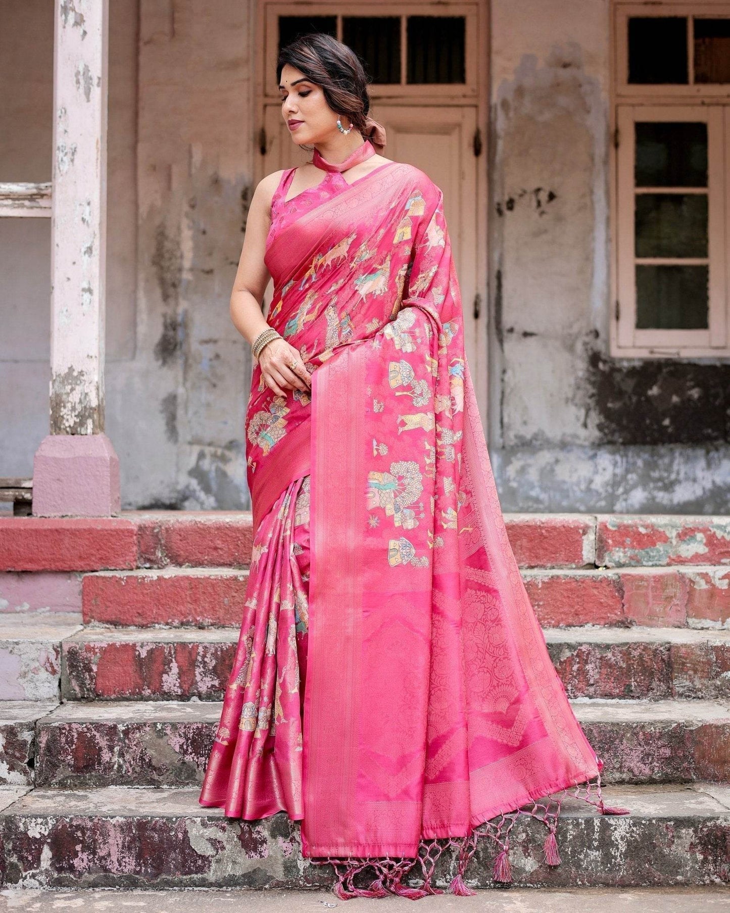 Regal Pink Banarasi Silk Saree with Zari Weave and Intricate Tassels - SEEANS