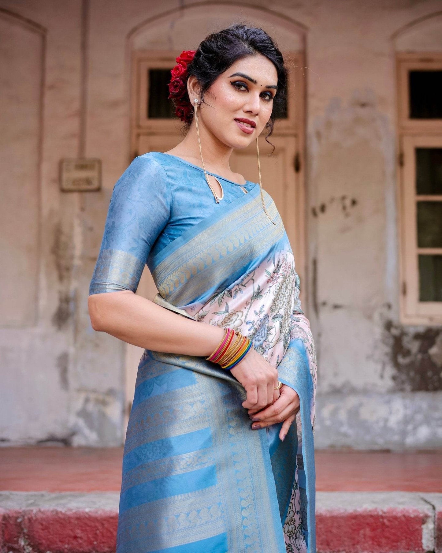 Elegant Floral Banarasi Silk Saree in Sky Blue and Blush Pink with Zari Weave and Tassels - SEEANS