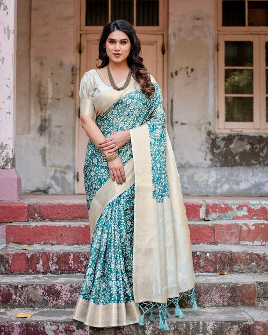 Teal and Cream Floral Banarasi Silk Saree with Zari Weave and Tassel-Accented Pallu - SEEANS