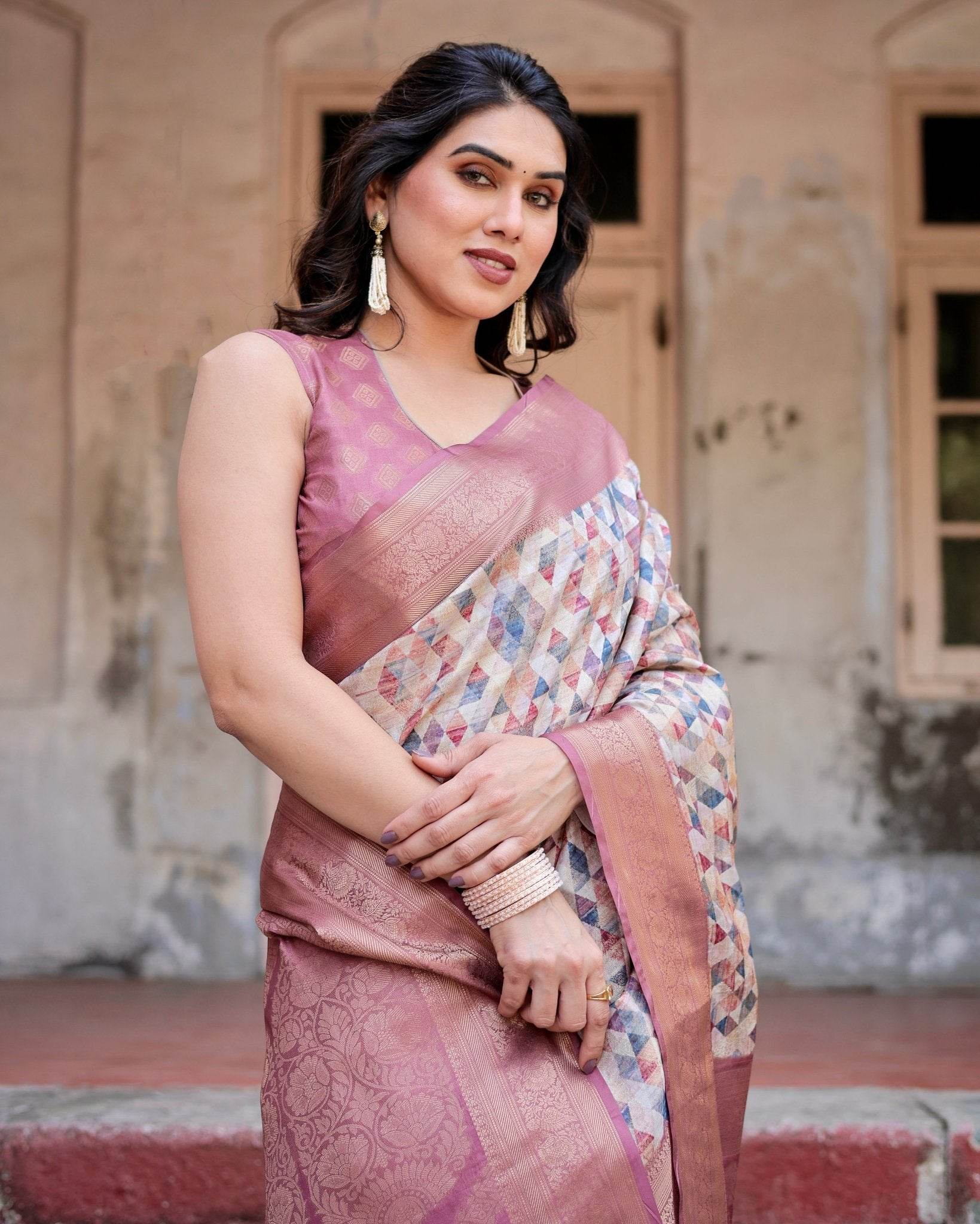 Beige and Pink Geometric Print Banarasi Silk Saree with Zari Weave and Tassel-Embellished Pallu - SEEANS