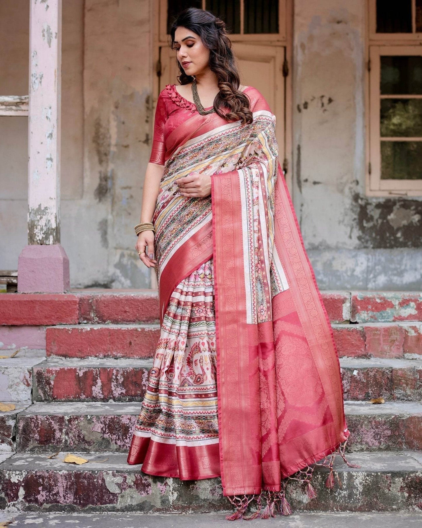 Red and Multicolor Digital Print Banarasi Silk Saree with Zari Weave and Tassel-Adorned Pallu - SEEANS