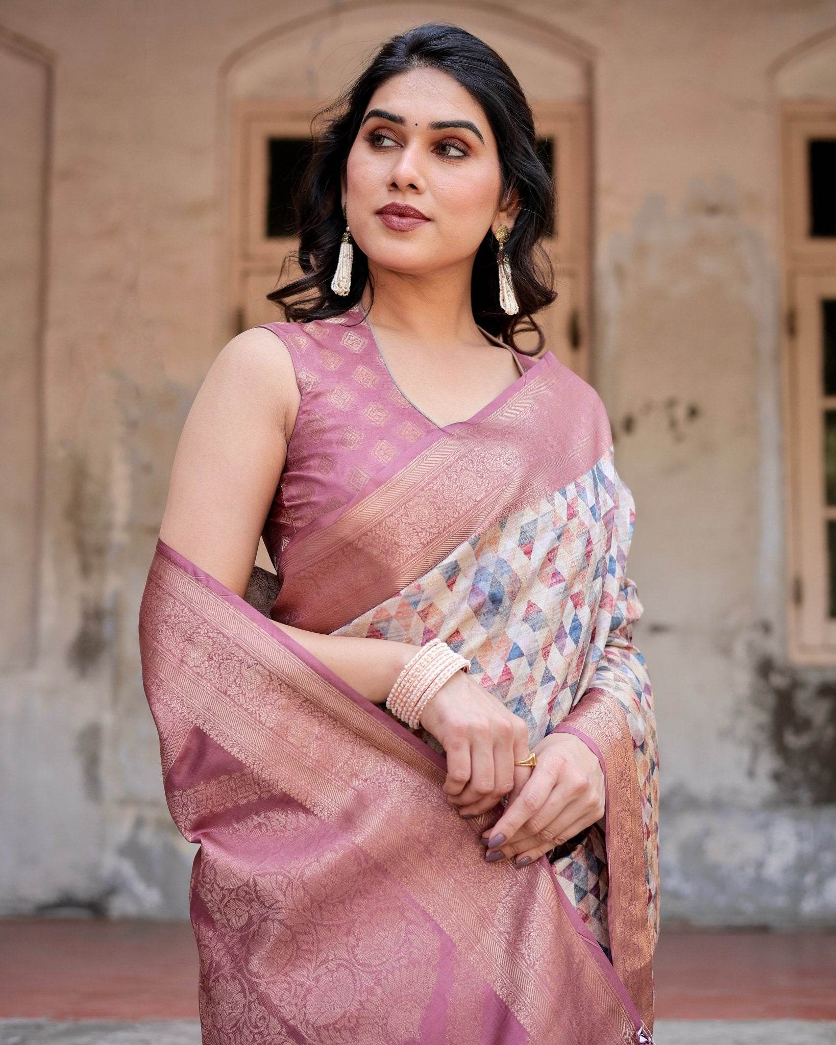 Beige and Pink Geometric Print Banarasi Silk Saree with Zari Weave and Tassel-Embellished Pallu - SEEANS