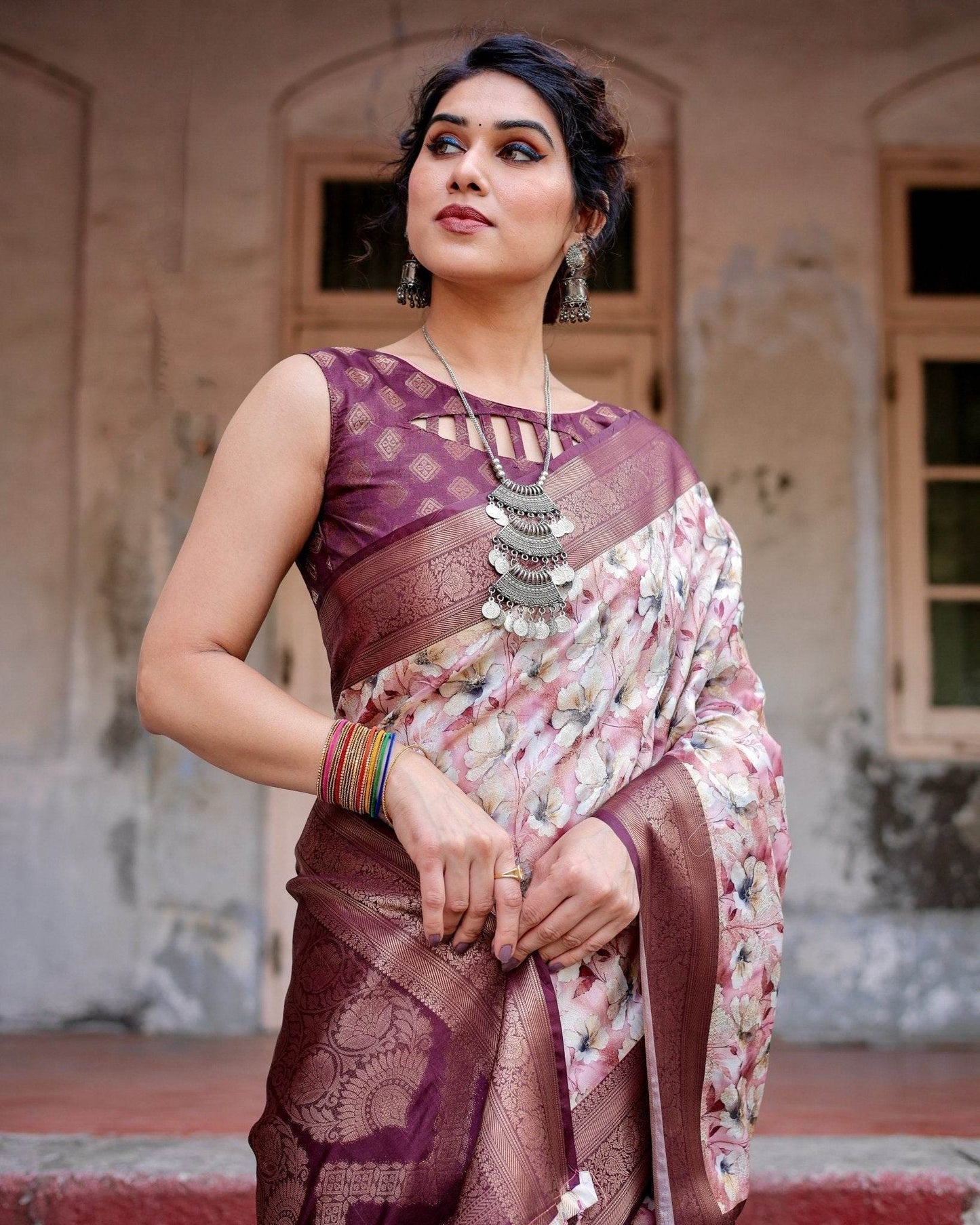 Elegant Wine Floral Banarasi Silk Saree with Zari Weave and Tassels - SEEANS