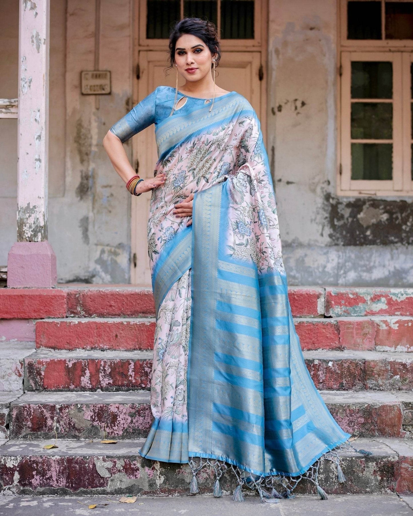 Elegant Floral Banarasi Silk Saree in Sky Blue and Blush Pink with Zari Weave and Tassels - SEEANS