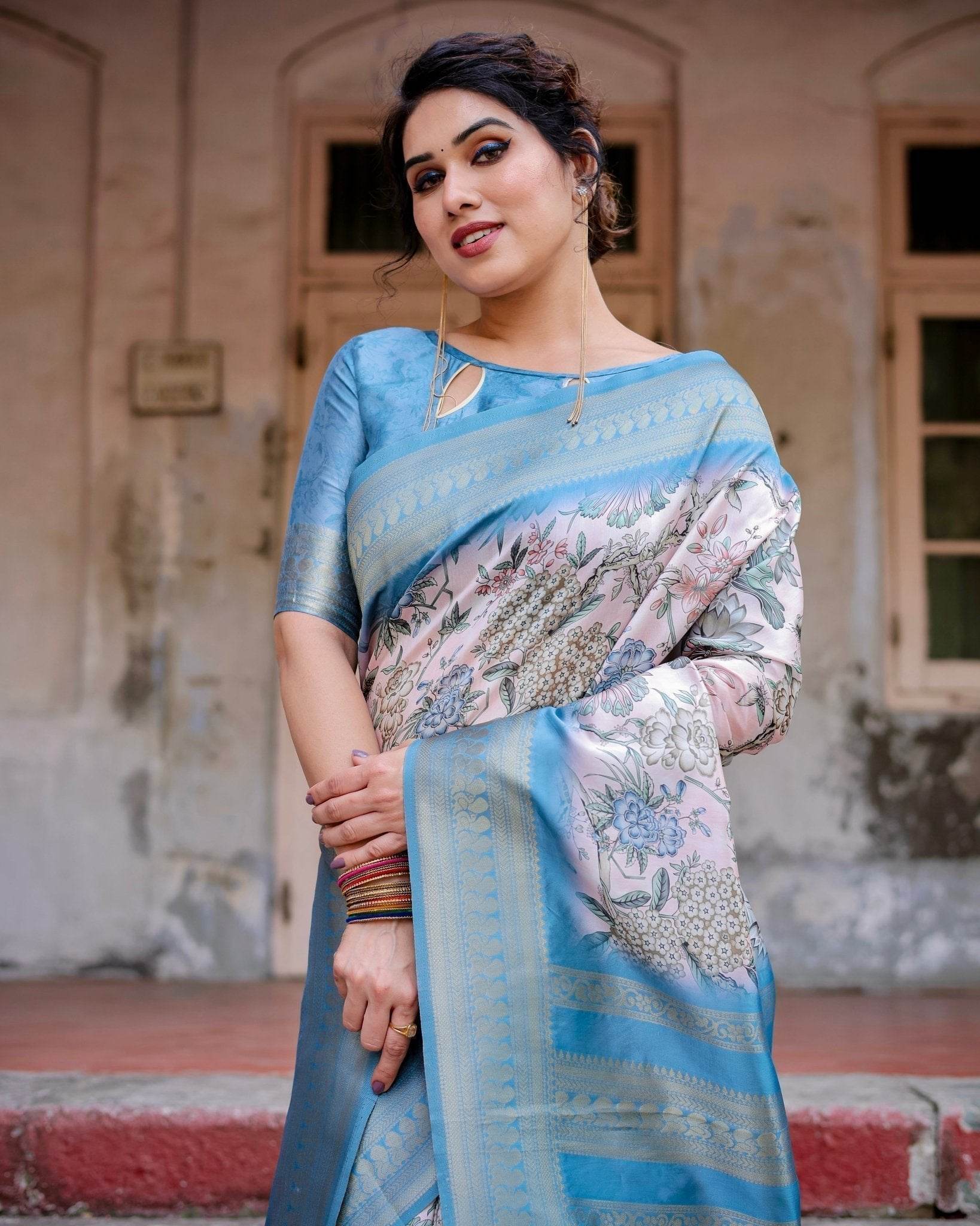 Elegant Floral Banarasi Silk Saree in Sky Blue and Blush Pink with Zari Weave and Tassels - SEEANS